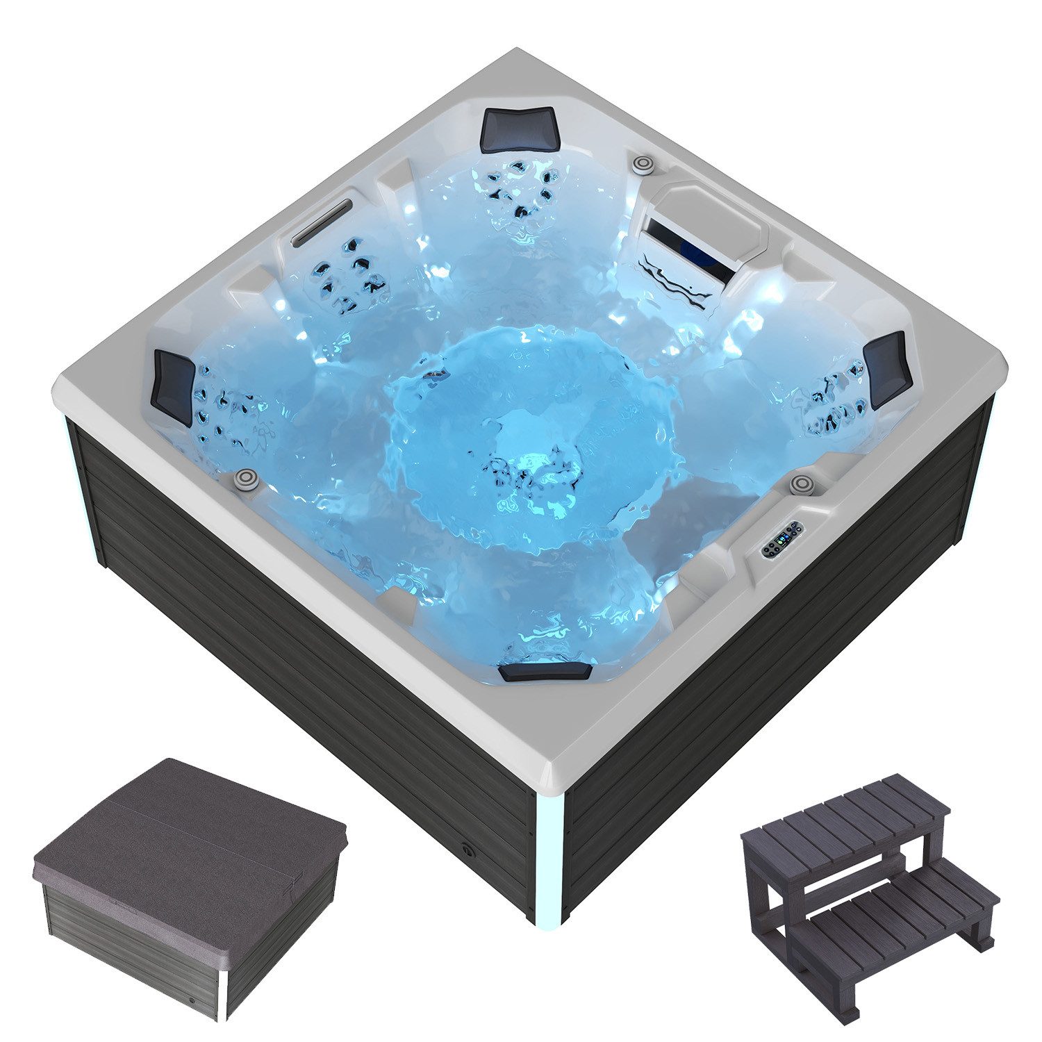 TroniTechnik Whirlpool Outdoor Spa TORCELLO weiß 210x210, Sanitäracryl, (inkl. Thermoabdeckung & Treppe), integrierte Heizung, Massage, Led