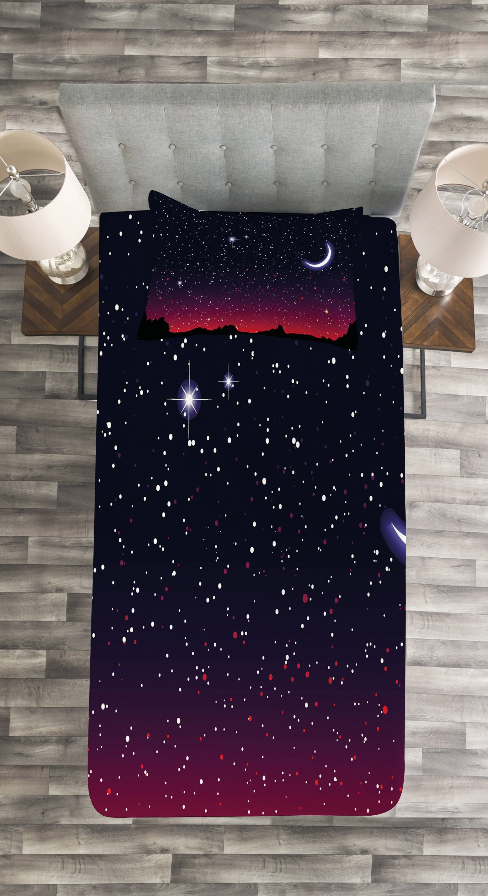 Tagesdecke Set mit Starry Abakuhaus, Waschbar, Nacht Landschaft Sky Kissenbezügen Red