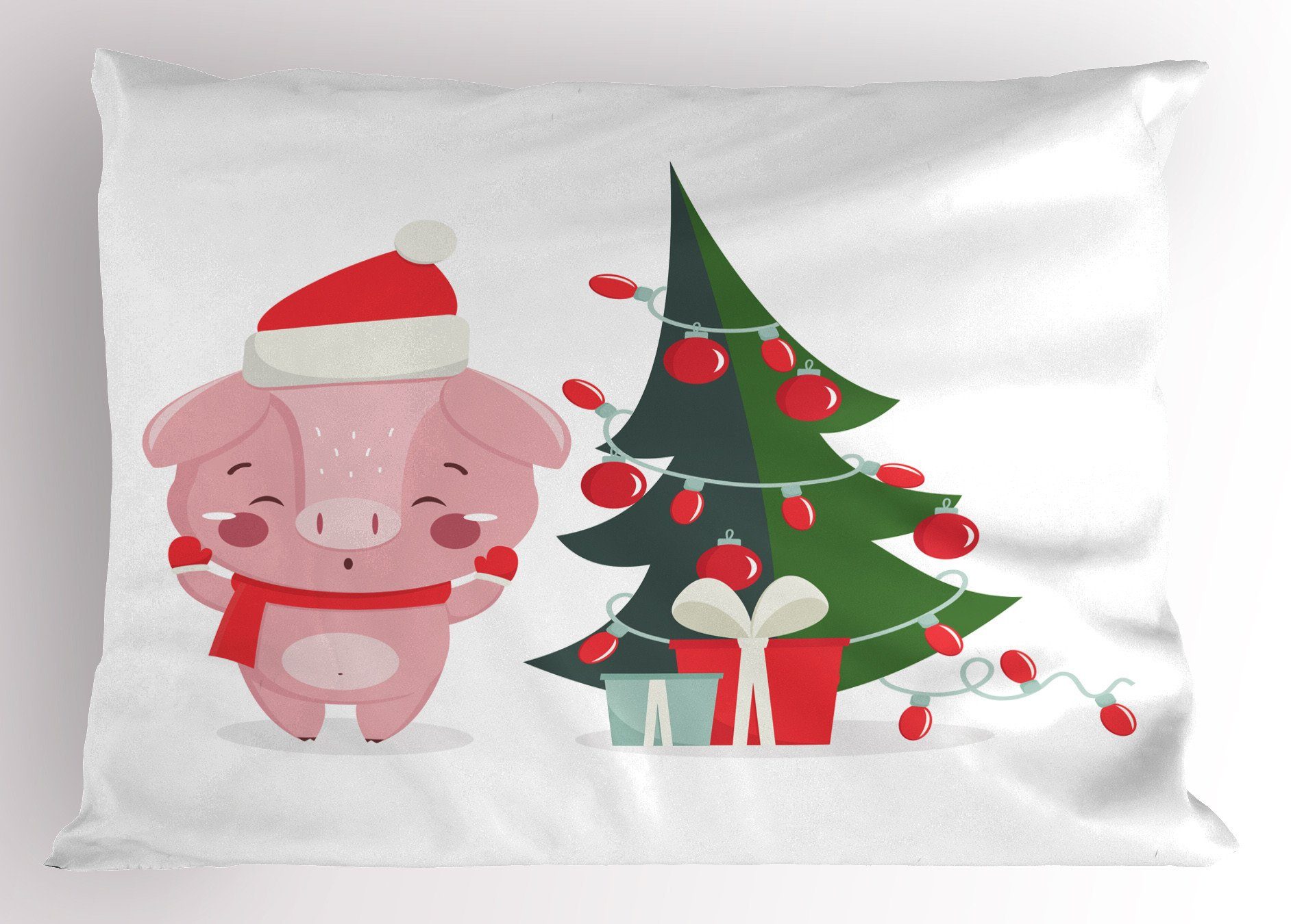 Gedruckter Weihnachten Schwein Size Kissenbezug, Standard Weihnachtsbaum Glückliches (1 King mit Abakuhaus Dekorativer Kissenbezüge Stück),