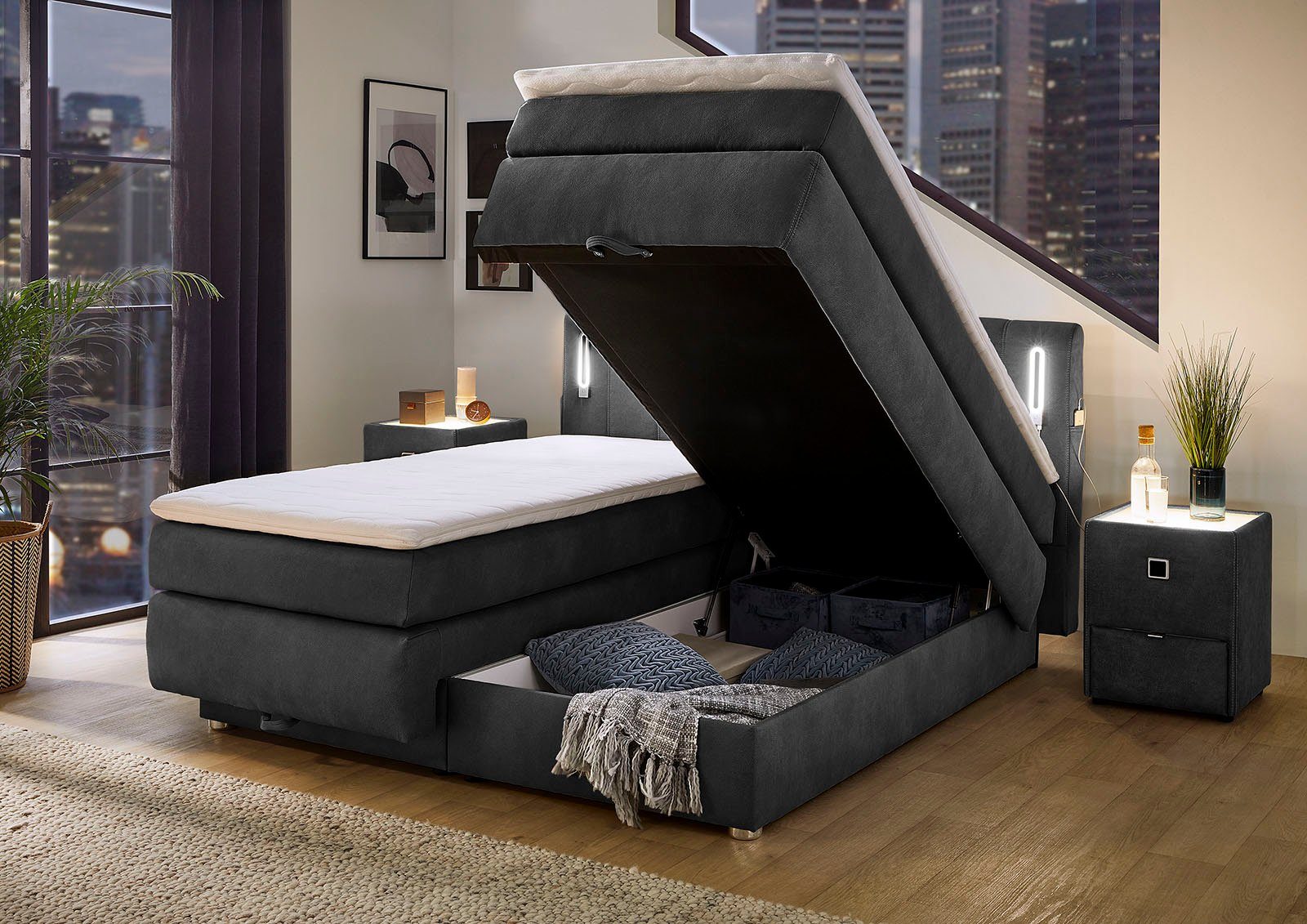 Jockenhöfer Gruppe Boxspringbett KATI mit Stauraum, inkl. Bonnellmatratze H2/H3 (Mit PUR-Schaum-Topper), Höhenverstellbares Kopfteil mit LED´s, USB- Ladeports 1 – Bild 3 von 5
