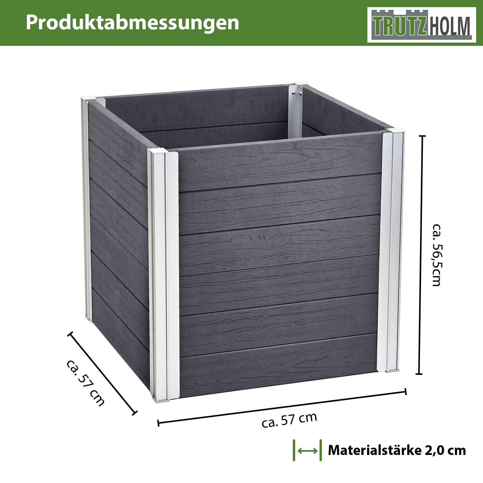 TRUTZHOLM Hochbeet Übertopf 135L Holzoptik langlebig Pflanzkasten Pflanzkübel Alu Profile, 57x 57x 56,5 cm,Langlebig,Zeitlos