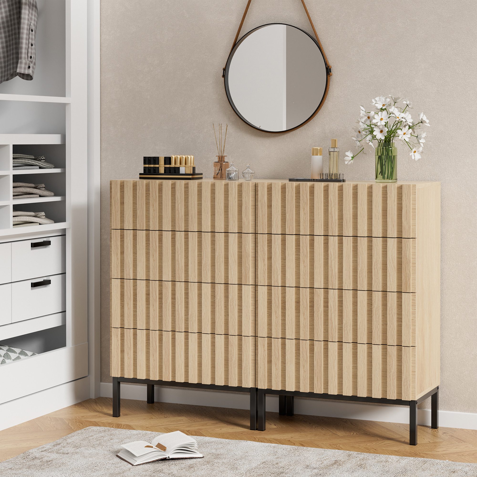UEV Kommode schmal mit 4/5 Schublanden Sideboard Beistellschrank Buffet (Aufbewahrungskommode, Mehrzweckschrank aus Holz(Natur/Schwarz/Dunkelbraun), Schrank für Wohnzimmer,Schlafzimmer,Flur