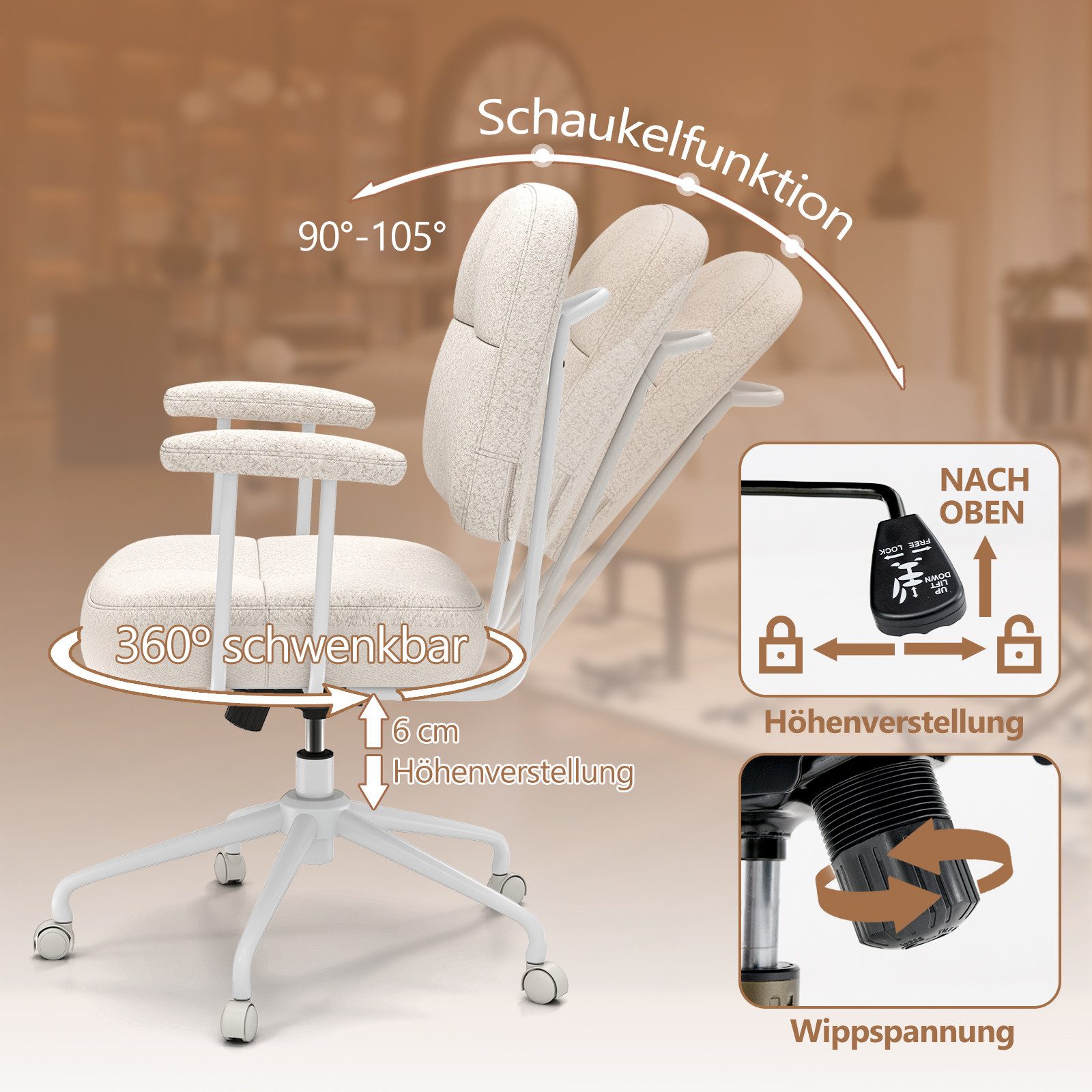 COSTWAY Bürostuhl, gepolstert, Drehstuhl mit Rollen höhenverstellbar, Wippfunktion