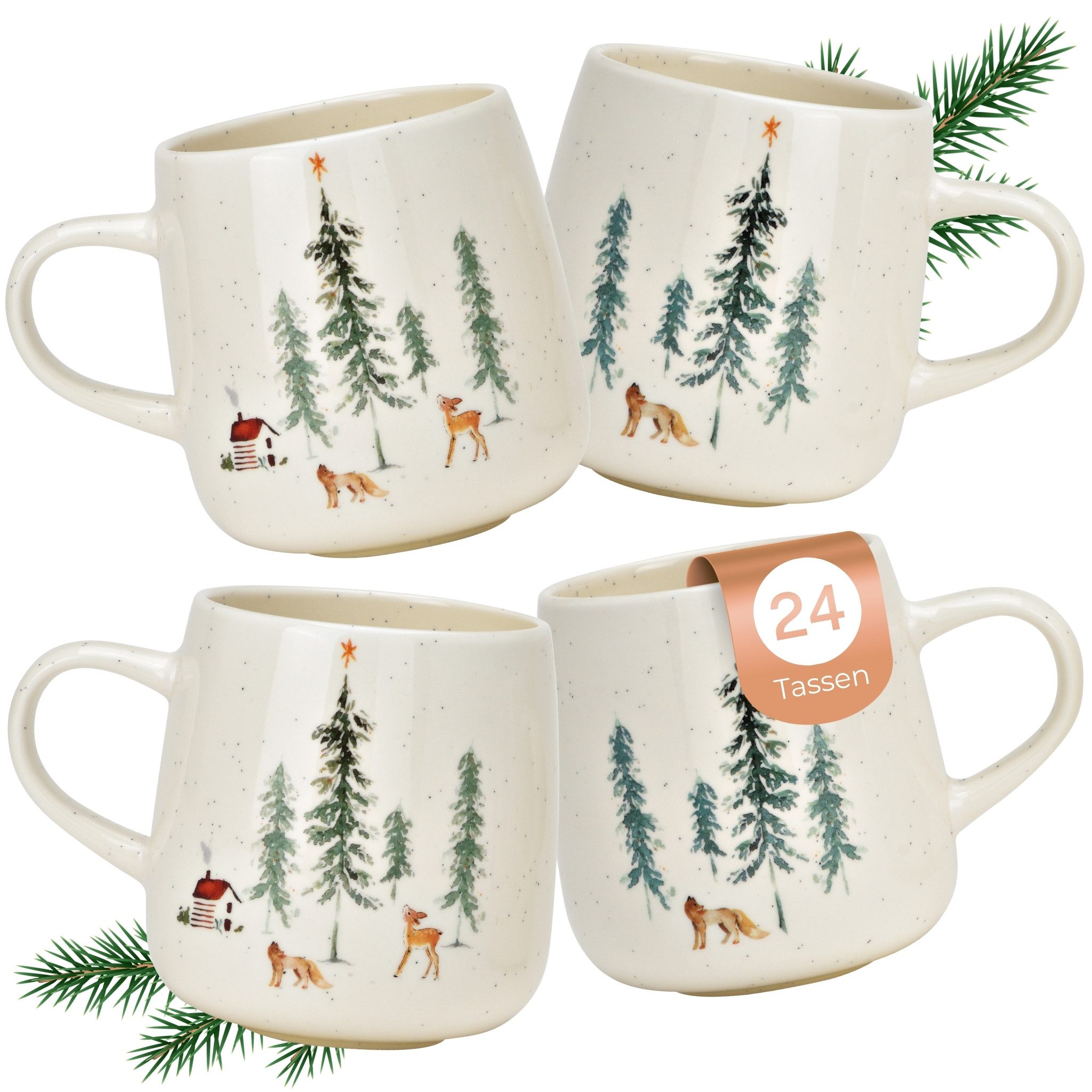Tasse Weihnachtstassen 24 Stück Waldlandschaft, Kaffeetassen 500 ml