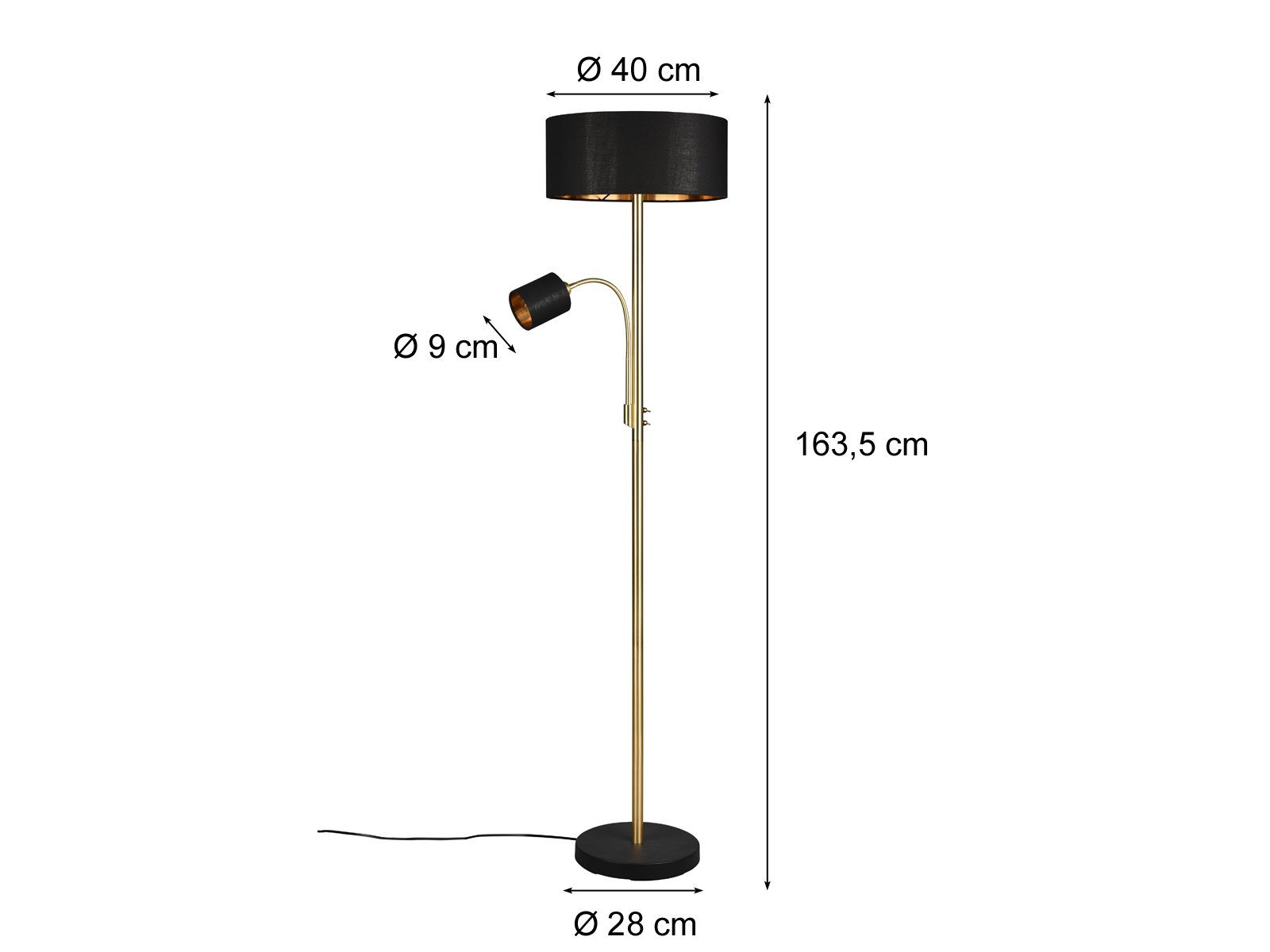 Ecke, groß Warmweiß, Lesearm matt Dimmfunktion, Schwarz wechselbar, Stoff Höhe Lese-lampe, gold-en Stehlampe, / LED LED 163cm mit Lampenschirm-e meineWunschleuchte Messing &