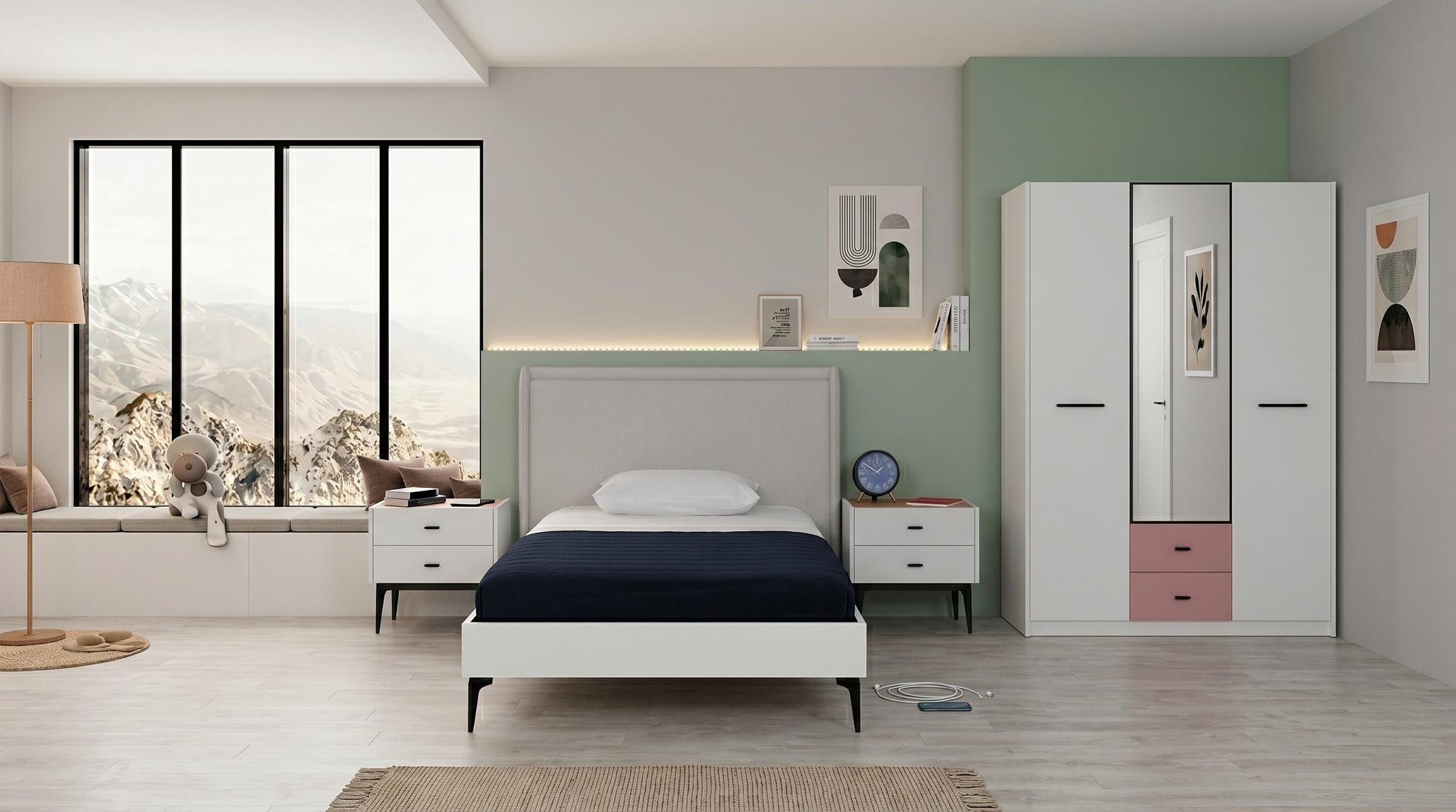 Xlmoebel Kleiderschrank Weißer Kleiderschrank für modernes Jugendzimmer mit Nachttischen (Jugendzimmer-Set, 4-St., 4-tlg)