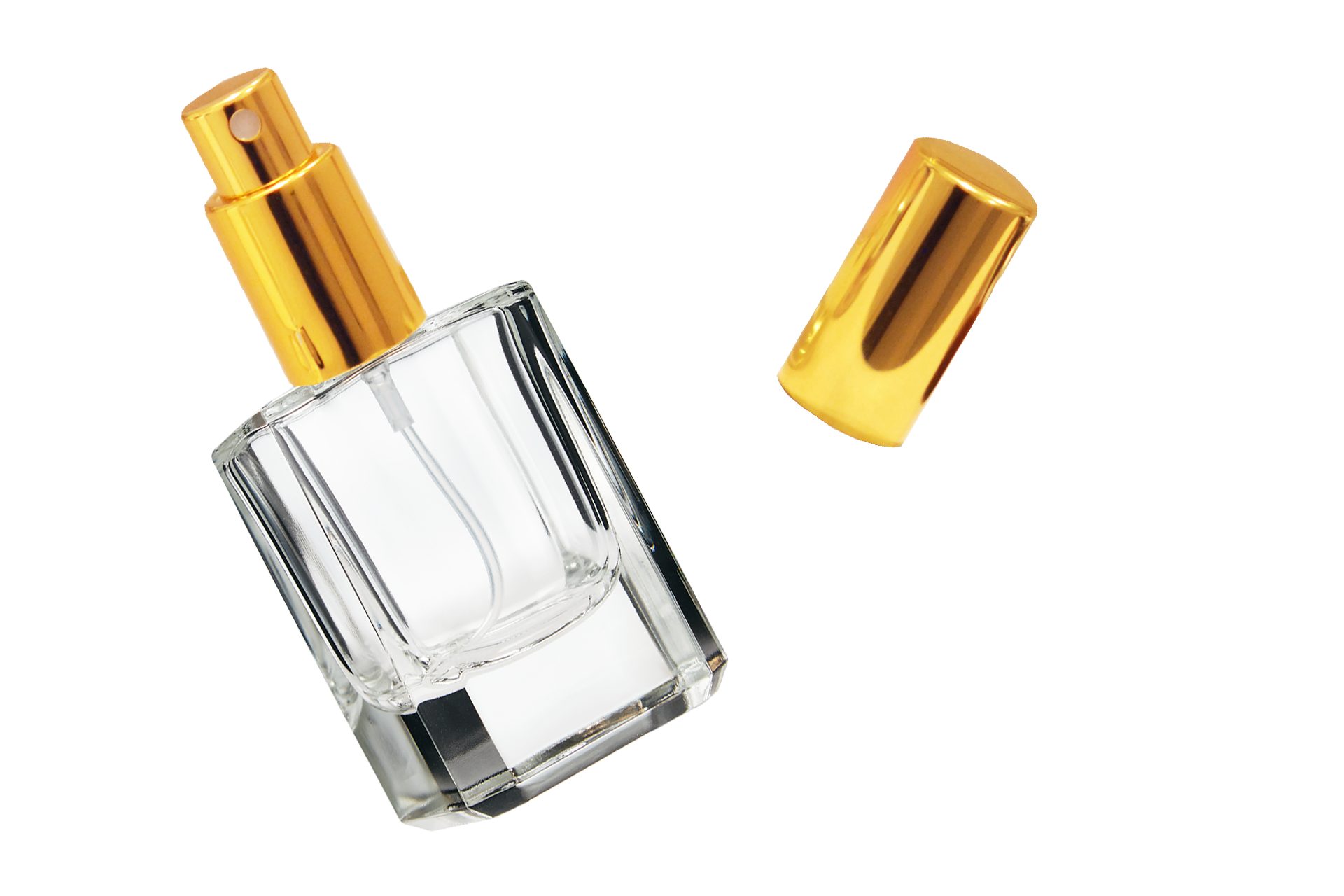 Fantasia Beauty Parfümzerstäuber Tischzerstäuber, Glas eckig, Zerstäuberpumpe + Kappe, goldfarben (1 St), Parfüm-Zerstäuber