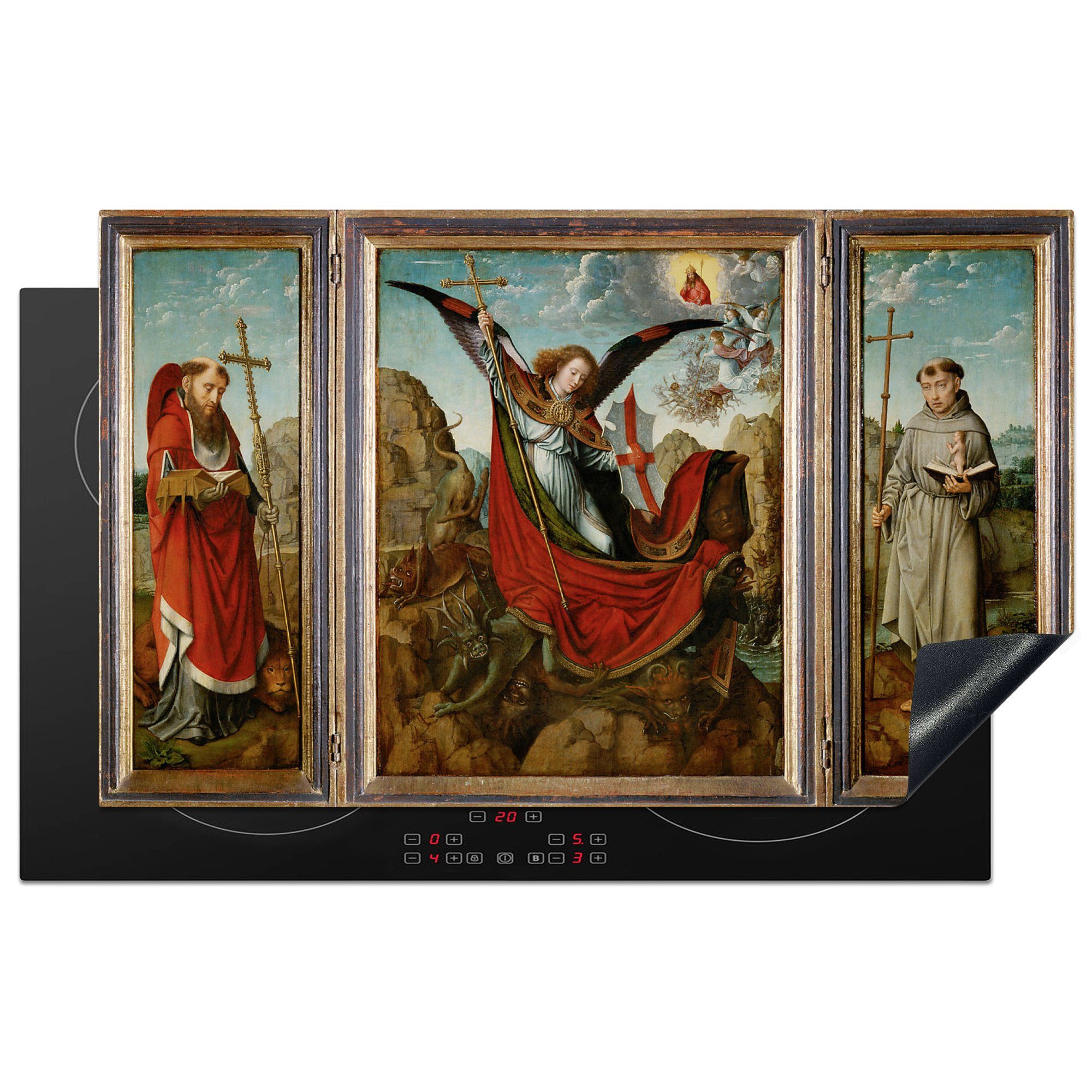 MuchoWow Herdblende-/Abdeckplatte Altarbild des Heiligen Michael - Gemälde von Gerard David, Vinyl, (1 tlg), 83x51 cm, Ceranfeldabdeckung, Arbeitsplatte für küche