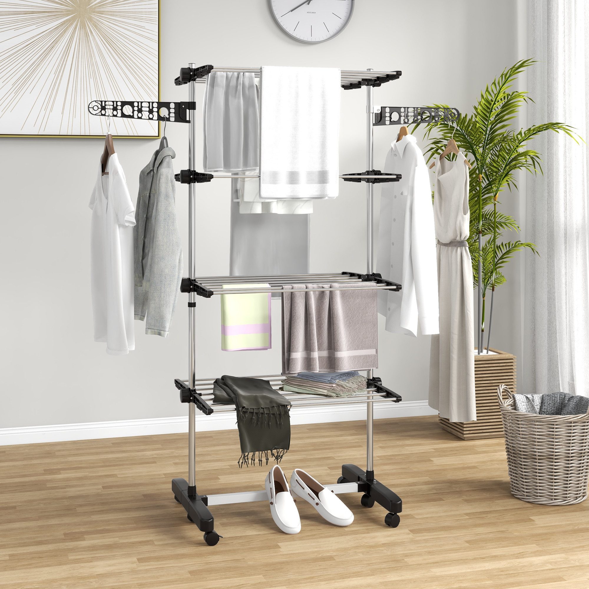 HOMCOM Wäscheständer Turm Standtrockner mit 4 Ebenen, klappbare Flügel, Rollen, für Indoor, Outdoor, Stahl Schwarz 80,142 x 55 x 172 cm