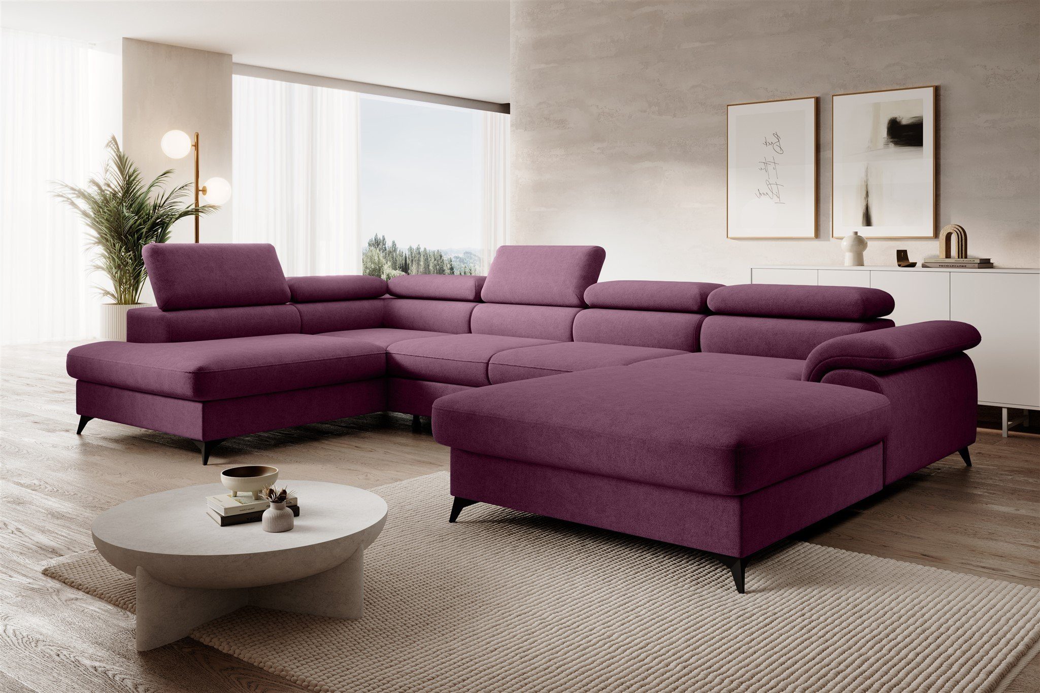 Fun Möbel Wohnlandschaft Sofa U-Form BASTIEN in Stoff Whisper, mane Links oder Rechts, Rundumbezug und Bettkästen GrapeWine
