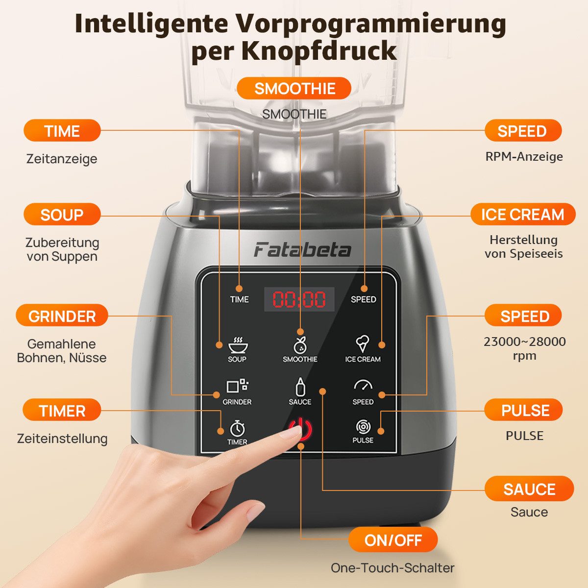 7MAGIC Standmixer Pulsfunktion, Timer, 5 intelligentes Programm Smoothie Maker, 2000 W, max. 28.000 U/min Hochleitungsmixer mit Touchpanel LED Display