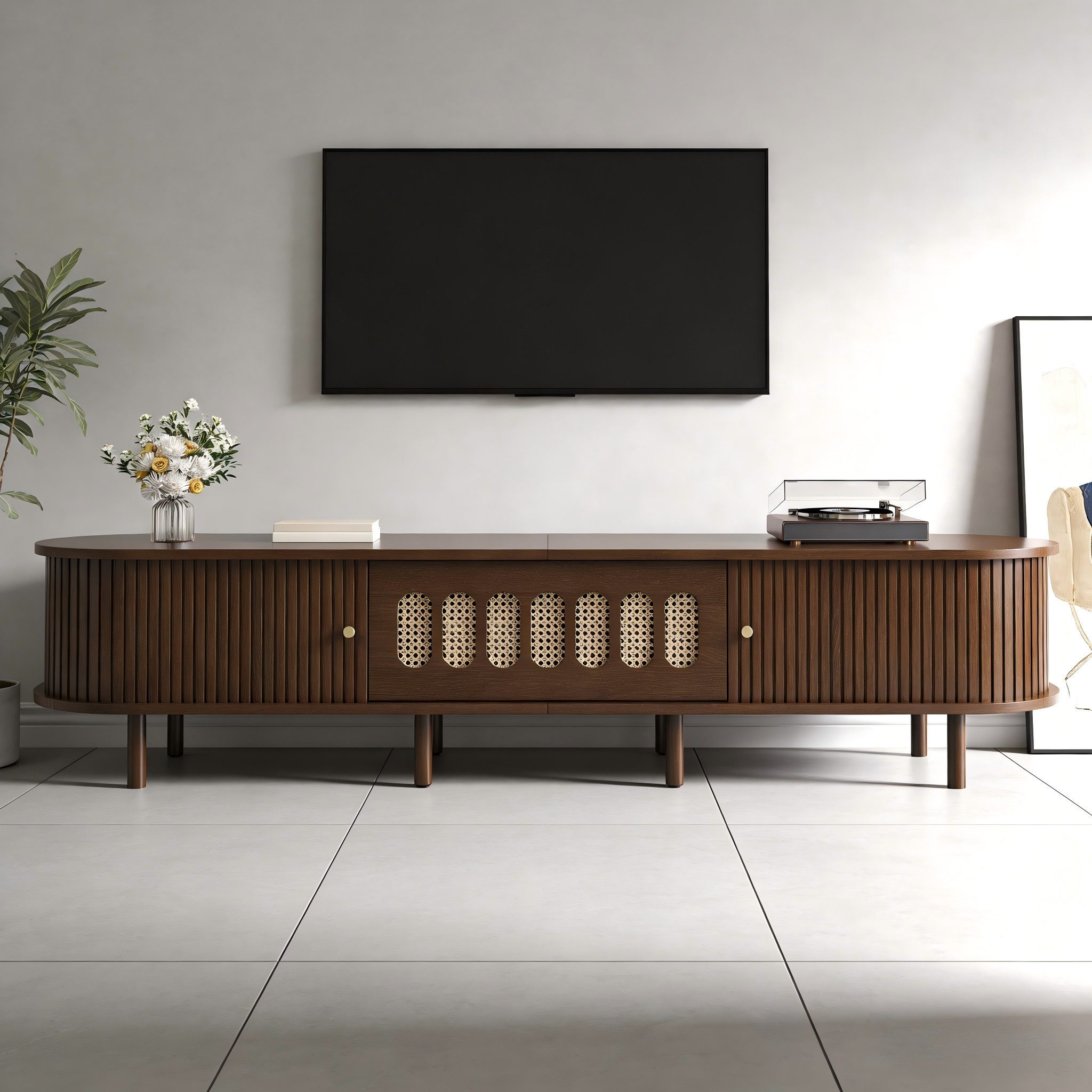REDOM TV-Schrank 180x40x40 cm mit Rolltüren in Walnuss (Packung, 1-St., Rattan-Design, mit 5 geschlossene Fächer) ein Rollladentürdesign, Beinhaltet einen Schrank mit Klapptür