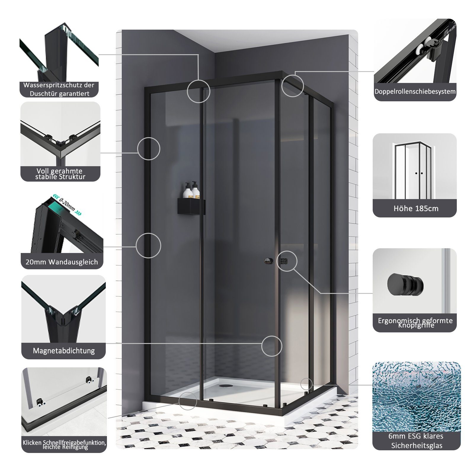 Boromal Eckdusche Duschkabine 90x80 80x90 Schwarz günstig online kaufen