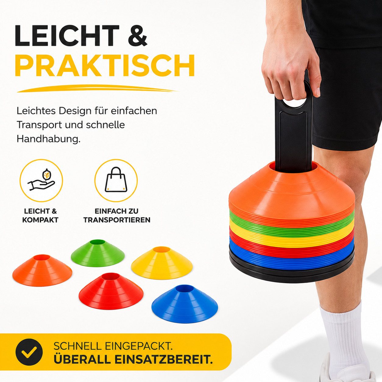 Sportyfits® Markierungshütchen 20x Markierungshütchen Hütchen für Slalom Trainingszubehör Sport (20er Set, 20 St., 20 Hütchen in 5 verschiedenen Farben), Flexibles Material / inkl. Halterung