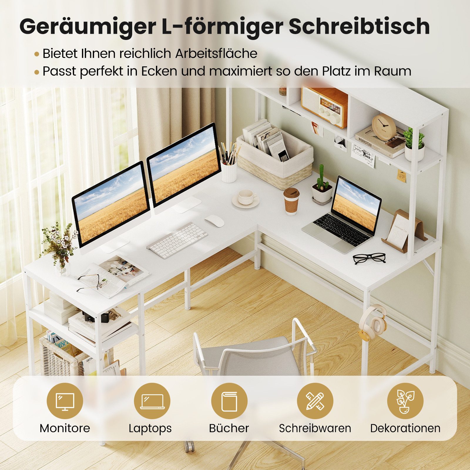 COSTWAY Eckschreibtisch, mit Bücherregal L-förmiger Schreibtisch 150x120cm