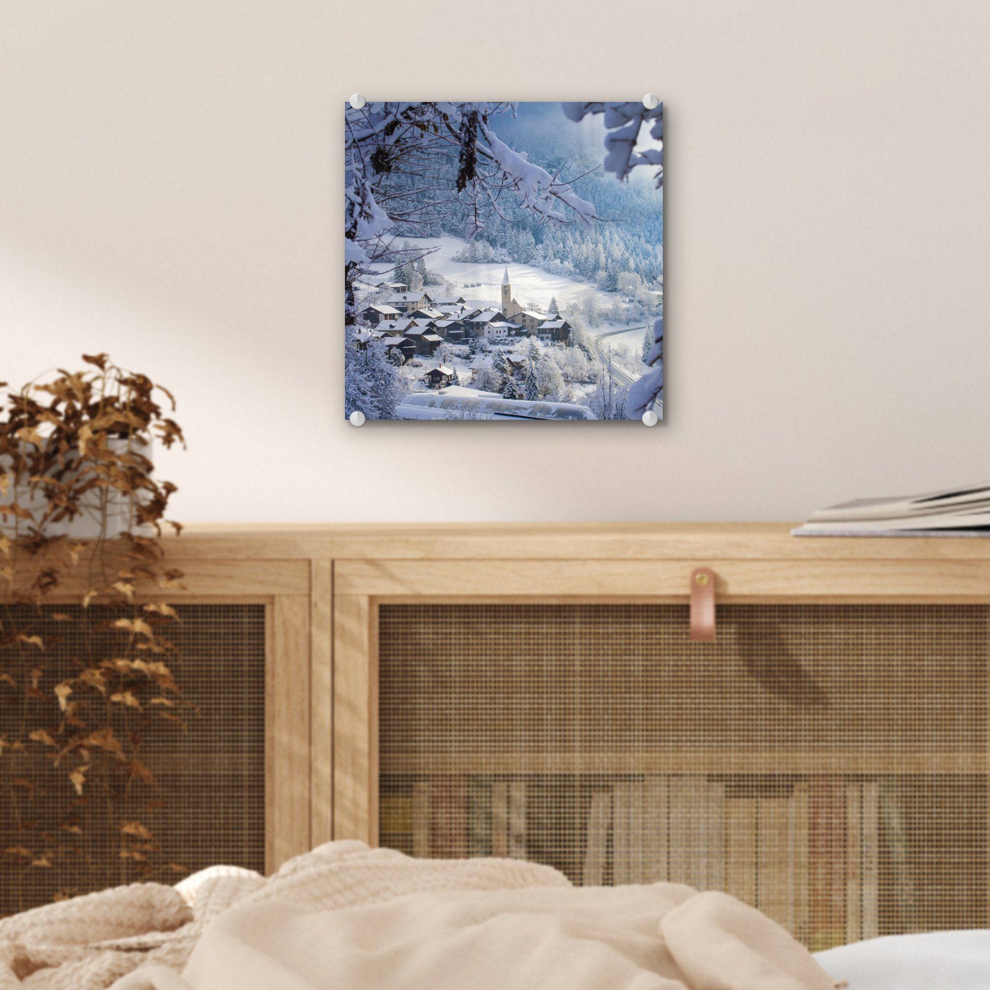 - - Schnee Glasbilder Dorf, Glas Wanddekoration - Bilder - (1 - Foto Glas Wandbild auf Acrylglasbild Alpen MuchoWow St), auf