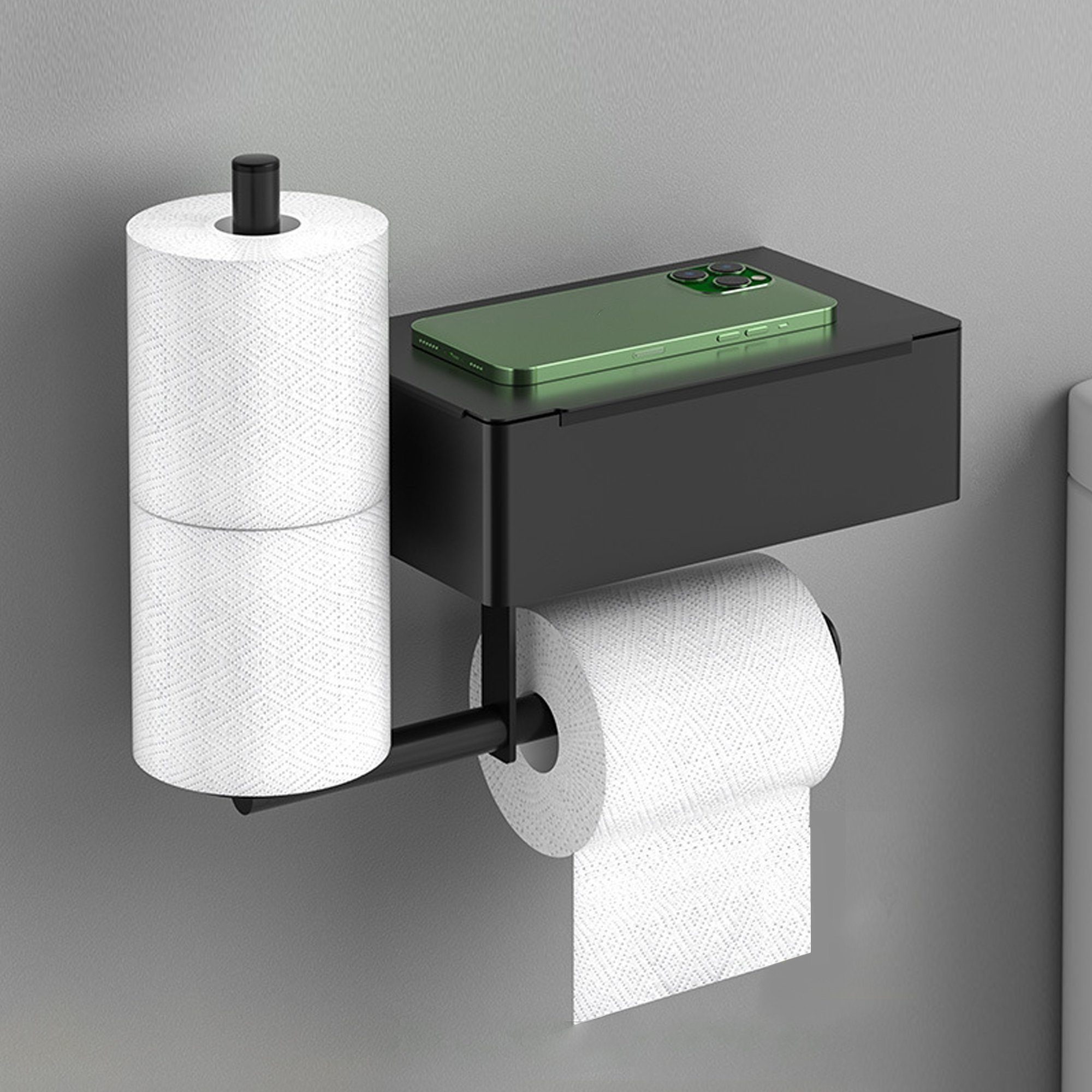 Crehomfy Toilettenpapierhalter Mit Holzablage – Rustikale Wandhalterung In Industrieoptik, Mattschwarz & Praktisch