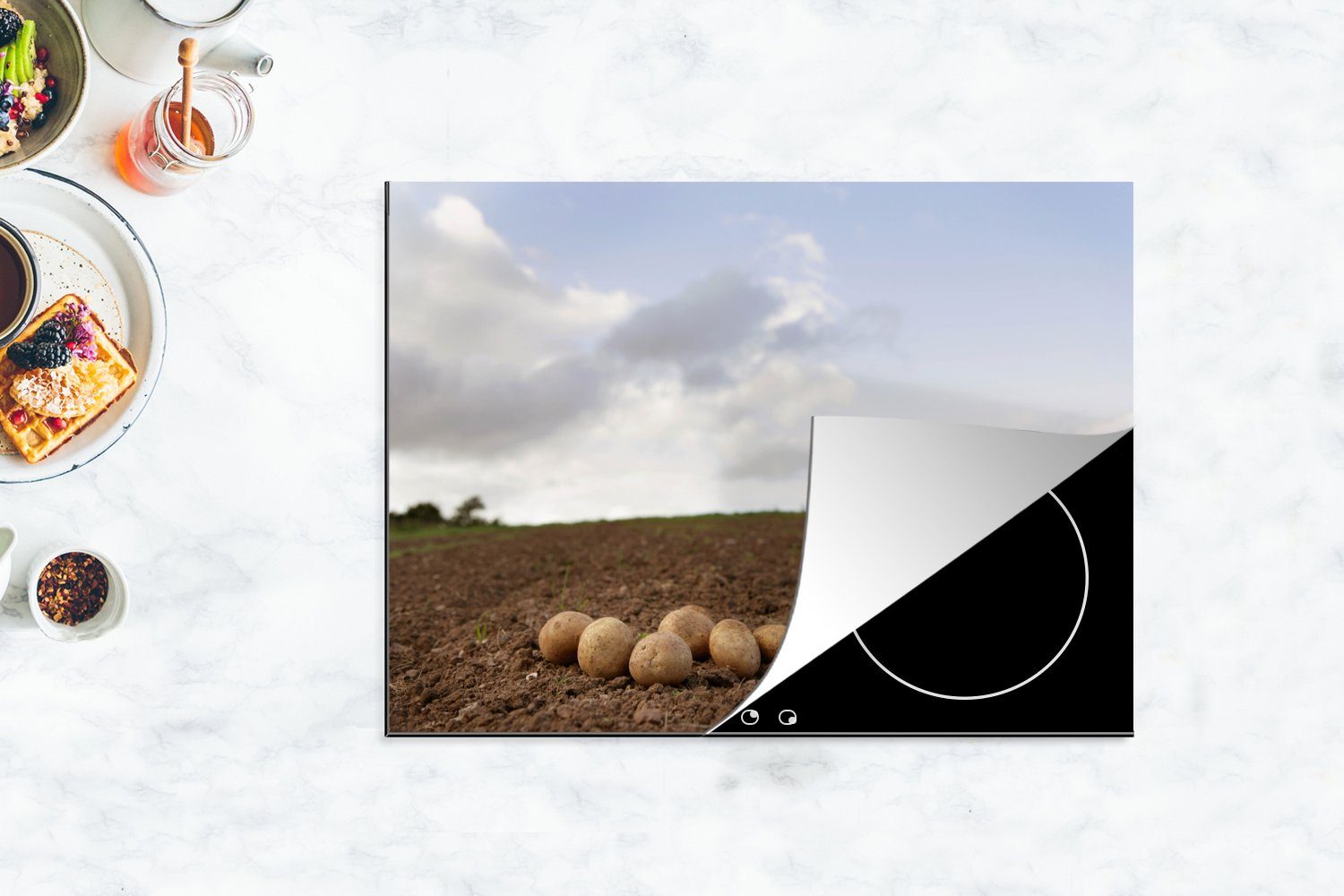 MuchoWow Herdblende-/Abdeckplatte Wiese - Ceranfeldabdeckung cm, - Bauernhof, Vinyl, 70x52 Mobile Kartoffel tlg), nutzbar, Arbeitsfläche (1