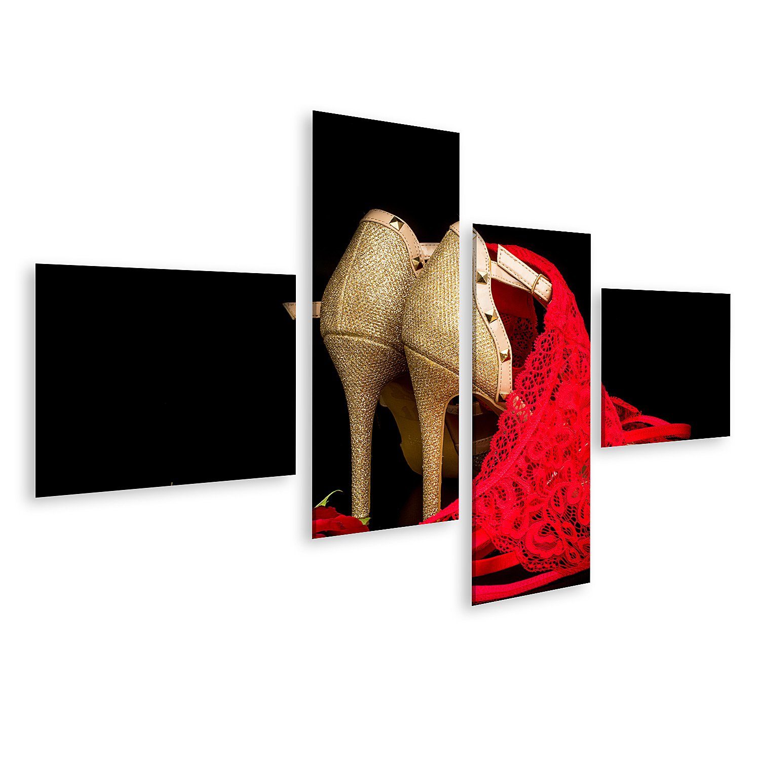 islandburner Leinwandbild Bild auf Leinwand Goldene Schuhe Schwarzer Hintergrund Rote Rose Rote