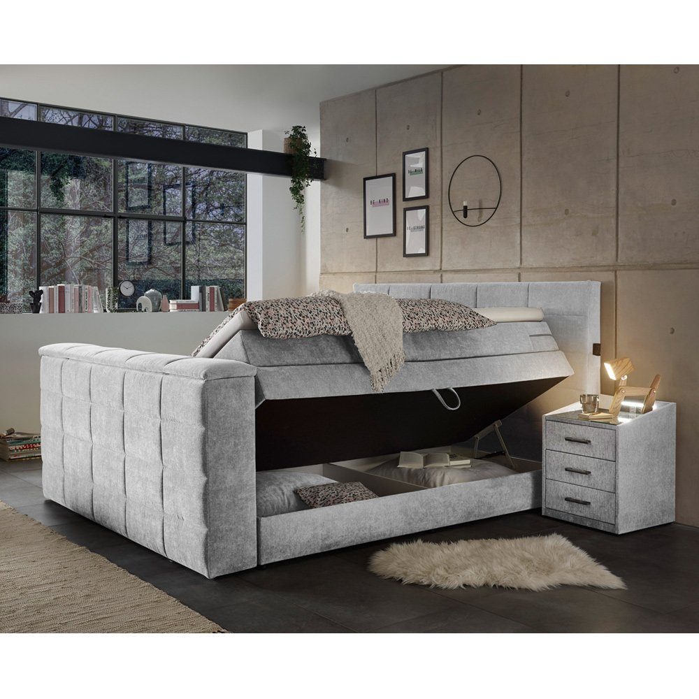 Lomadox Boxspringbett silver cm, Hotelbett Bettkasten, silber mit in 180x200 mit TV-Halterung, DURAZNO-09