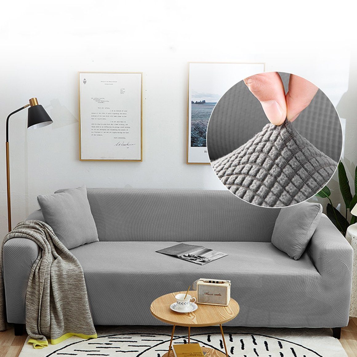 elastischem rutschfesten dezentem Schaumstoffstreifen Sofahusse Stretch-Sofabezug mit Grau Bund, Elastisch Muster, Couch MULISOFT, Sesselbezug mit