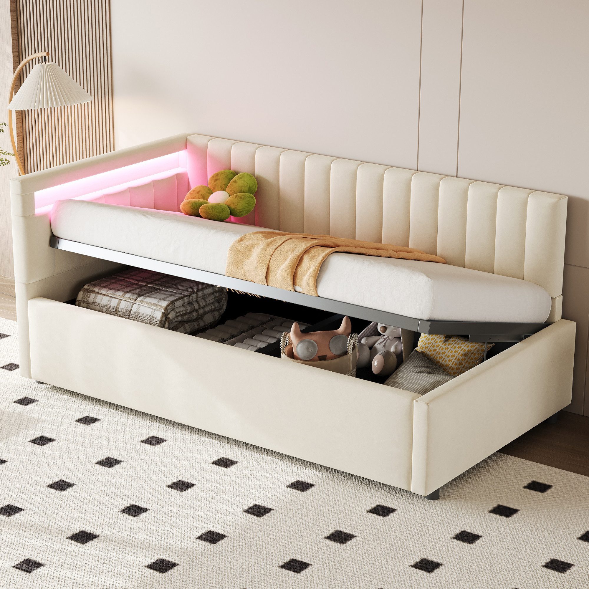 OKWISH Schlafsofa Polsterbett Kinderbett, mit LED-Beleuchtung, hydraulischem Stauraum und Seitliche Kopfteil ist beidseitig austauschbar,Jugendbett 90x200 cm, Ohne Matratze