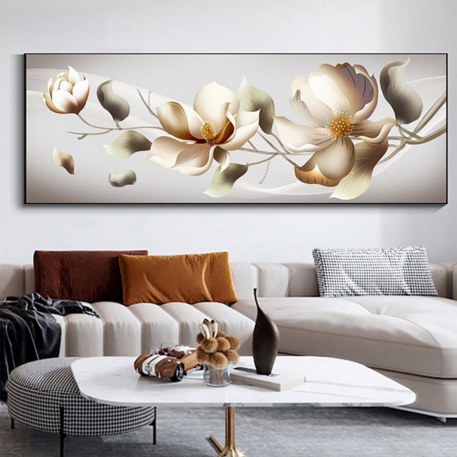 TPFLiving Kunstdruck (OHNE RAHMEN) Poster - Leinwand - Wandbild, Außergewöhnliche Blumenmotive in Breitbild-Format - (Leinwand Wohnzimmer, Leinwand Bilder, Kunstdruck), Farben: Gold, beige, rot, blau, weiß und rosa - Größe 50x150cm