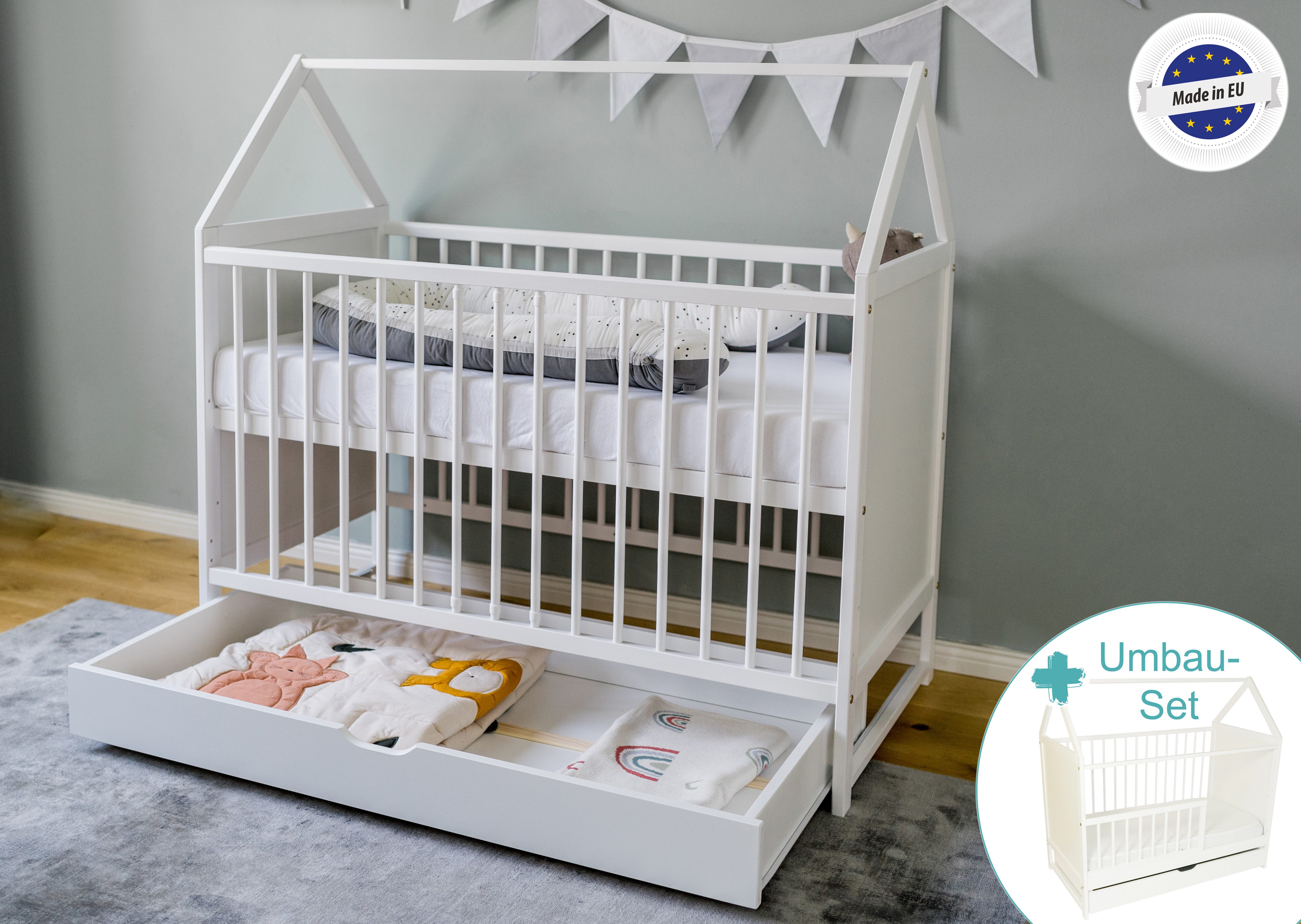 Babybett Beistellbett Kinderbett und Hausbett in einem mit Schublade