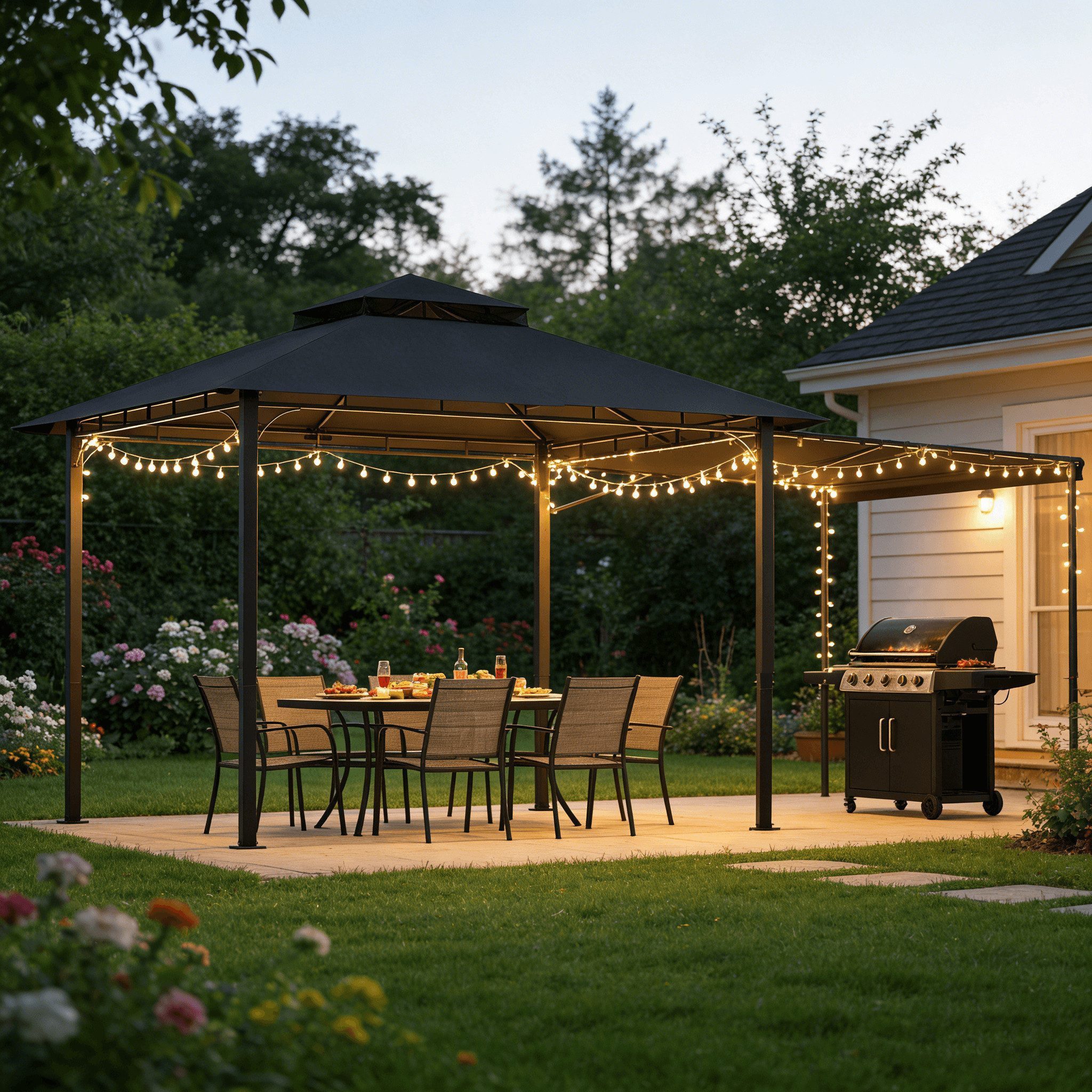 HOMALL Pavillon Extend Grillpavillon, mit 1.8m ausklappbarer Seitenveranda, mit 4 Seitenteilen, (Ausziehbarer Seitenmarkise flexibel verstellbare Schattenflächen), Verstellbarer Pavillon 3–4,7 m, mit Moskitonetz für 6-10 Personen