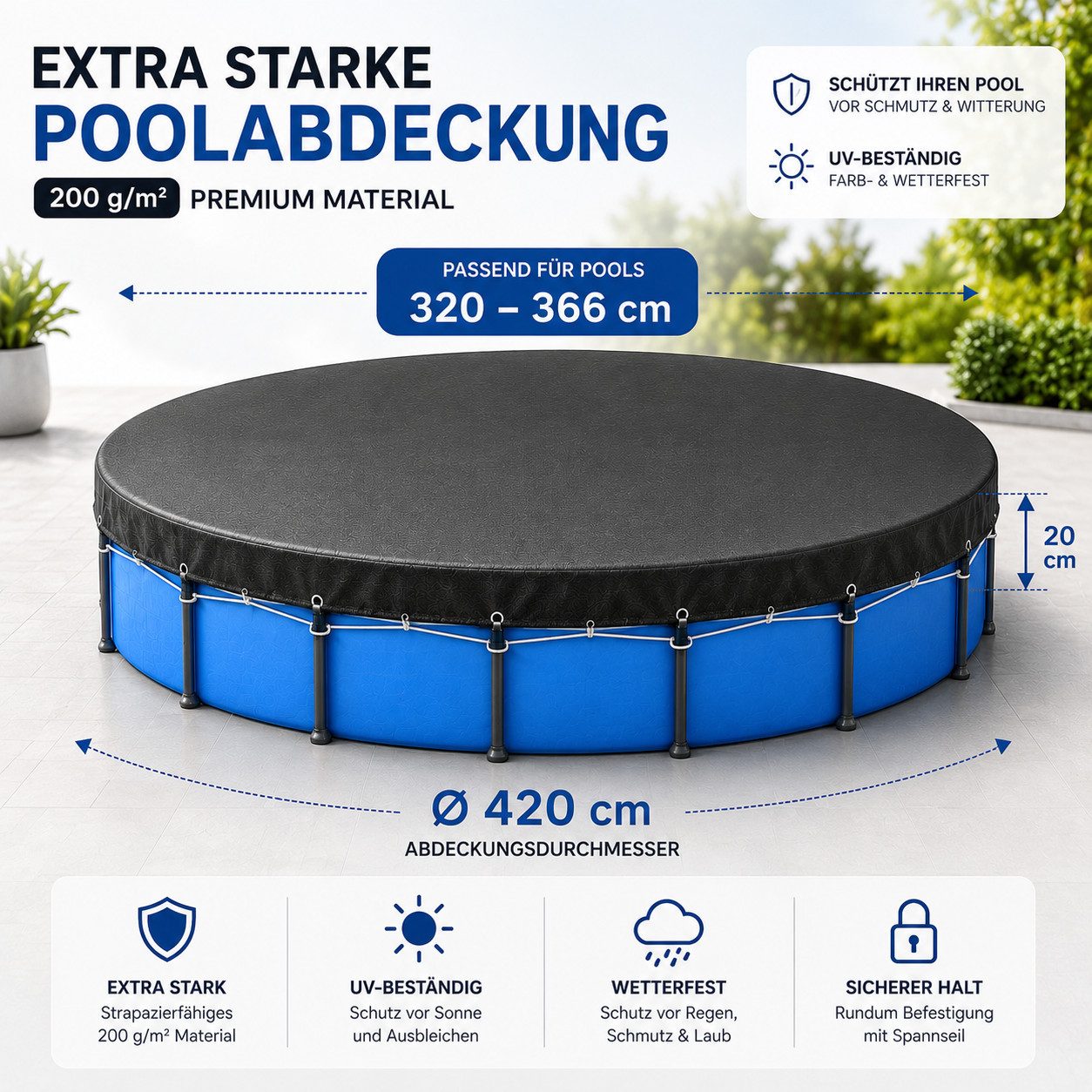 TK Gruppe Poolüberdachung Poolabdeckung rund – Extra starke 200 g/m² Poolplane schwarz