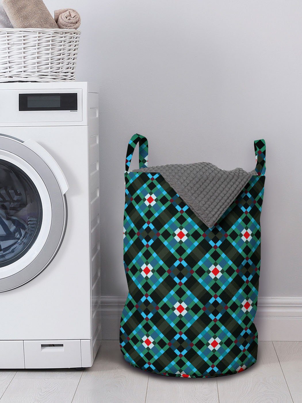 Kordelzugverschluss Waschsalons, wie Quadrate Wäschekorb Tile Griffen mit Mosaic Wäschesäckchen Abakuhaus Abstrakt für