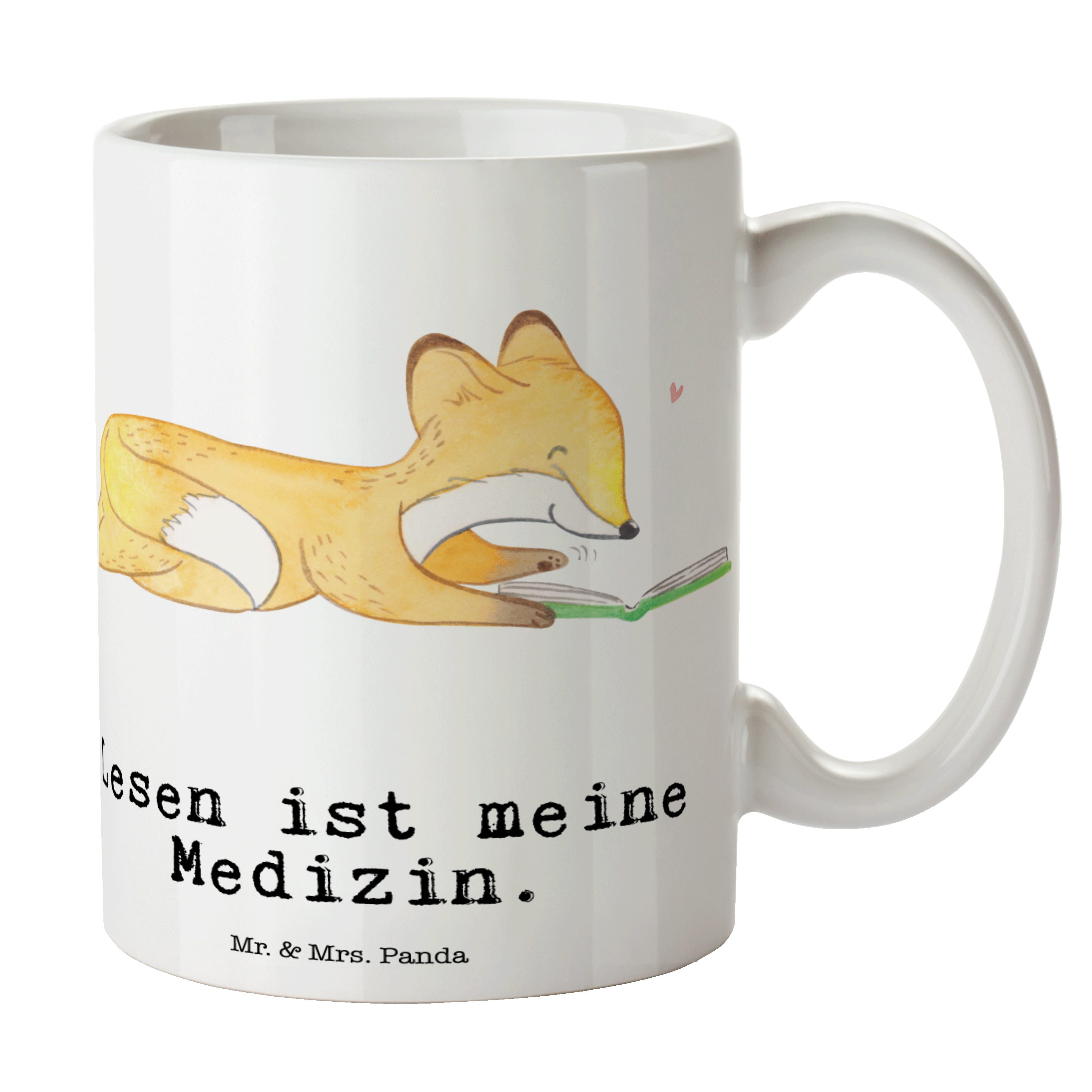 Mr. & Mrs. Panda Tasse Fuchs Lesen Medizin - Weiß - Geschenk, Bücherwurm, Schenken, Gewinn, Keramik