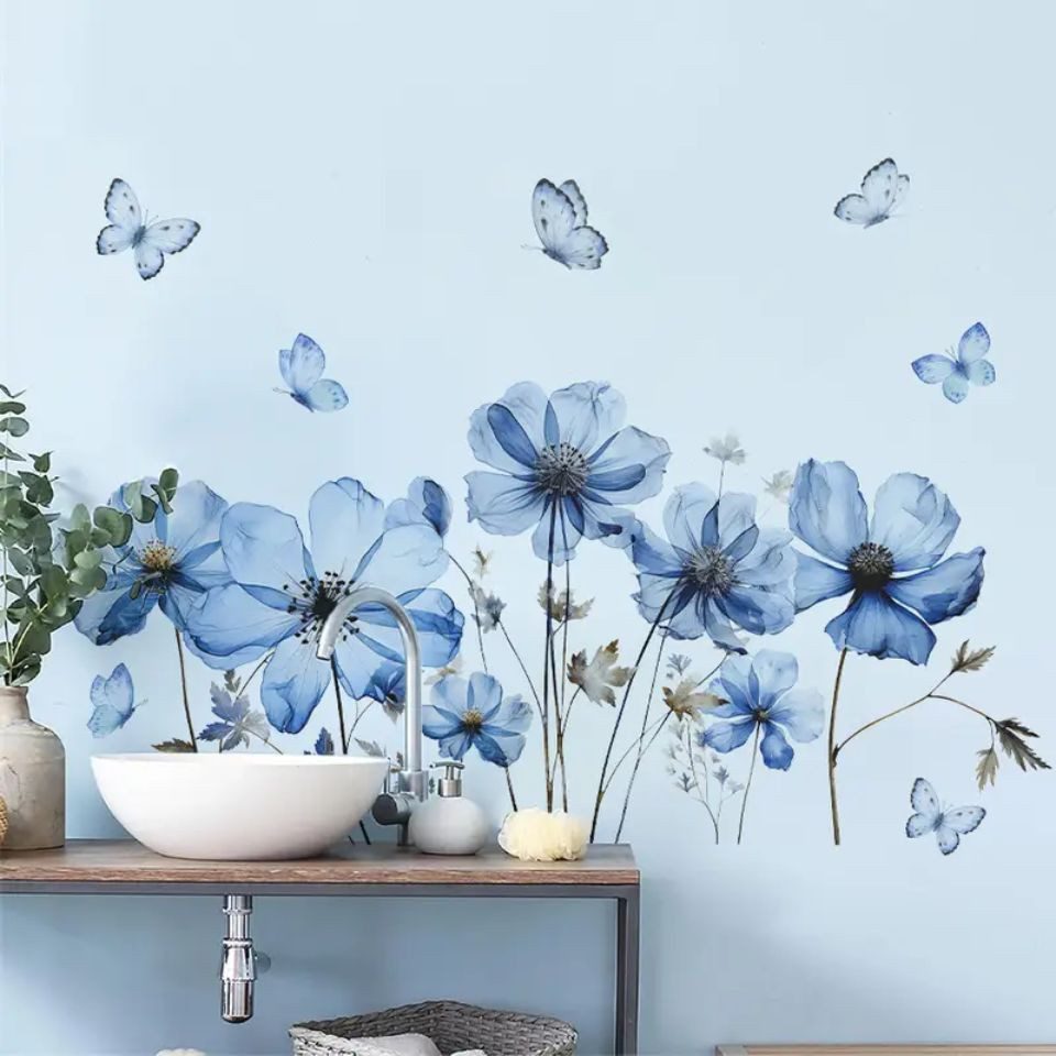 Montegoni Wandsticker Wandtattoo Blumen & Schmetterlinge Blau – Selbstklebe günstig online kaufen