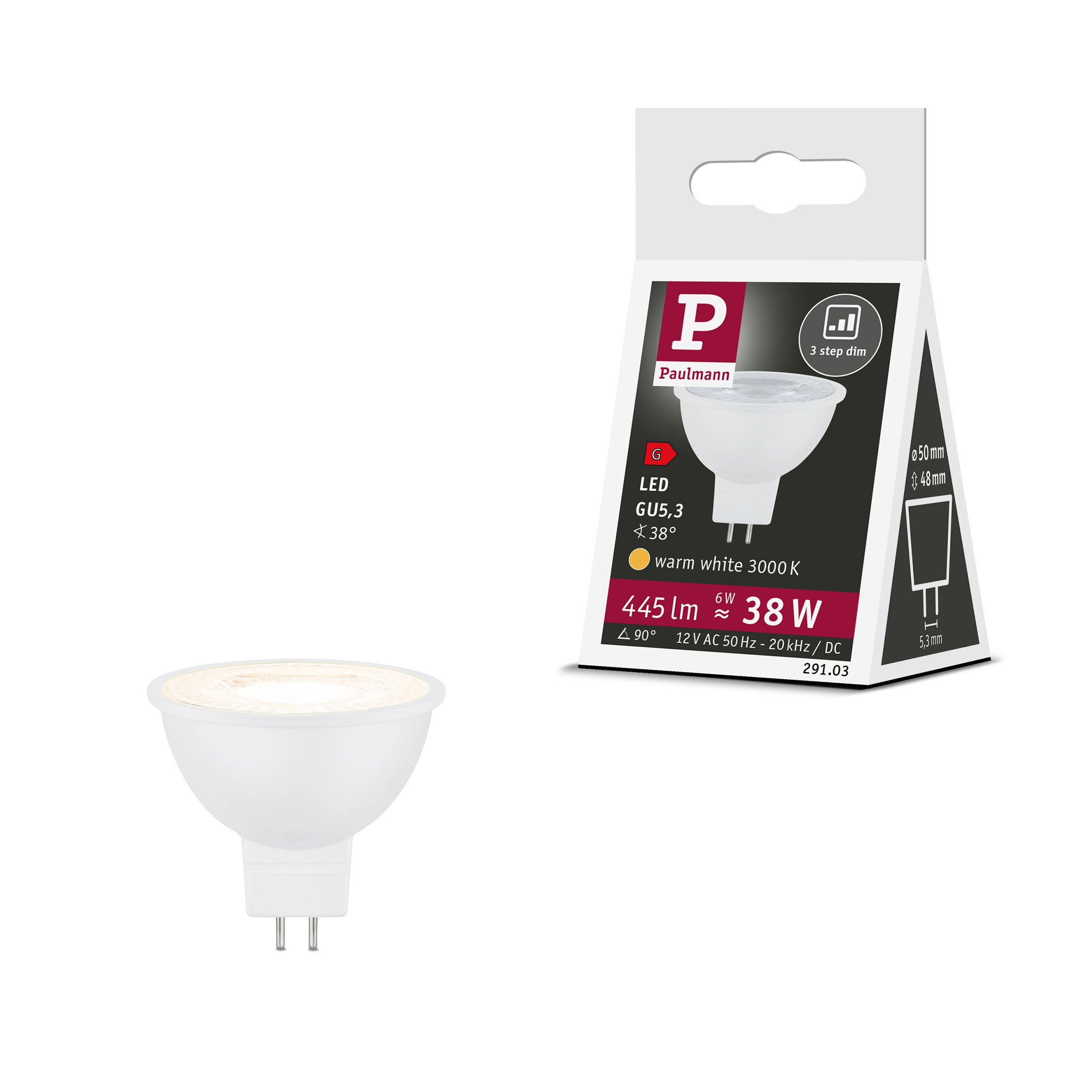 Paulmann LED-Leuchtmittel Standard 12V 3-Step-Dim LED Reflektor GU5,3 445lm 6W 3000K dimmbar Wei, GU5,3, 1 St.