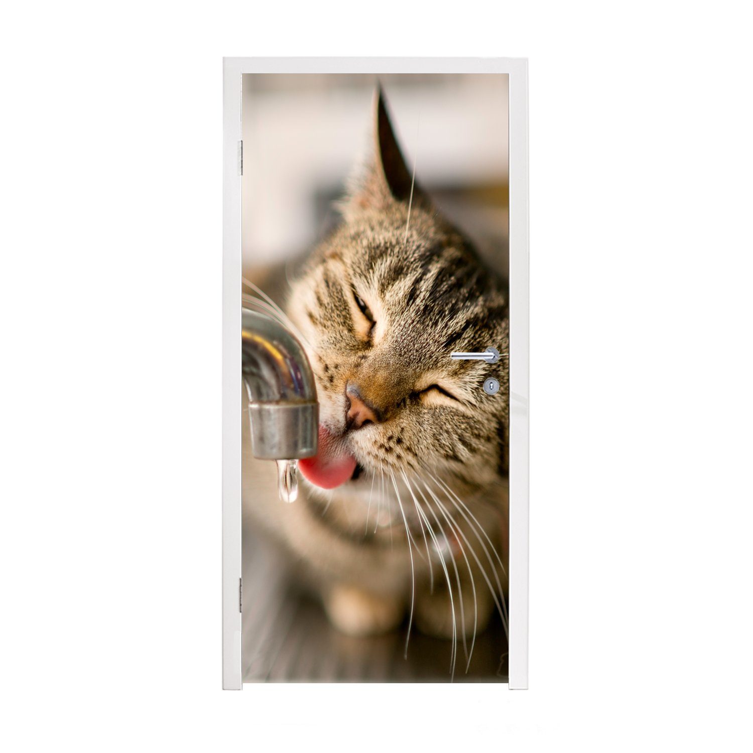 MuchoWow Türtapete Katze - Wasserhahn - Getränk, Matt, bedruckt, (1 St), Fototapete für Tür, Türaufkleber, 75x205 cm