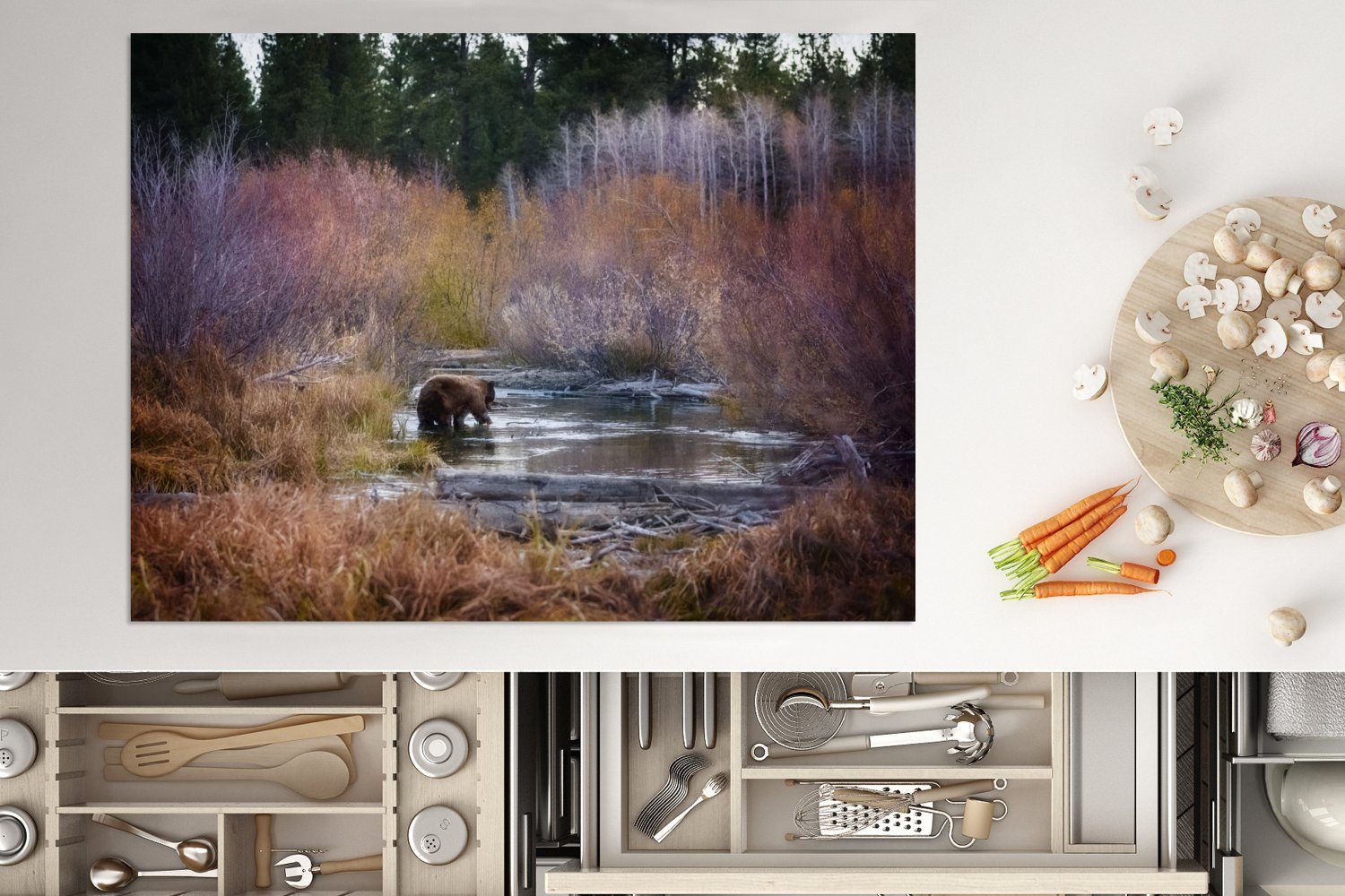 MuchoWow Herdblende-/Abdeckplatte Bild eines umgebenen Ceranfeldabdeckung Arbeitsfläche Grizzlybären, Bäumen Vinyl, tlg), 70x52 (1 von Mobile nutzbar, cm