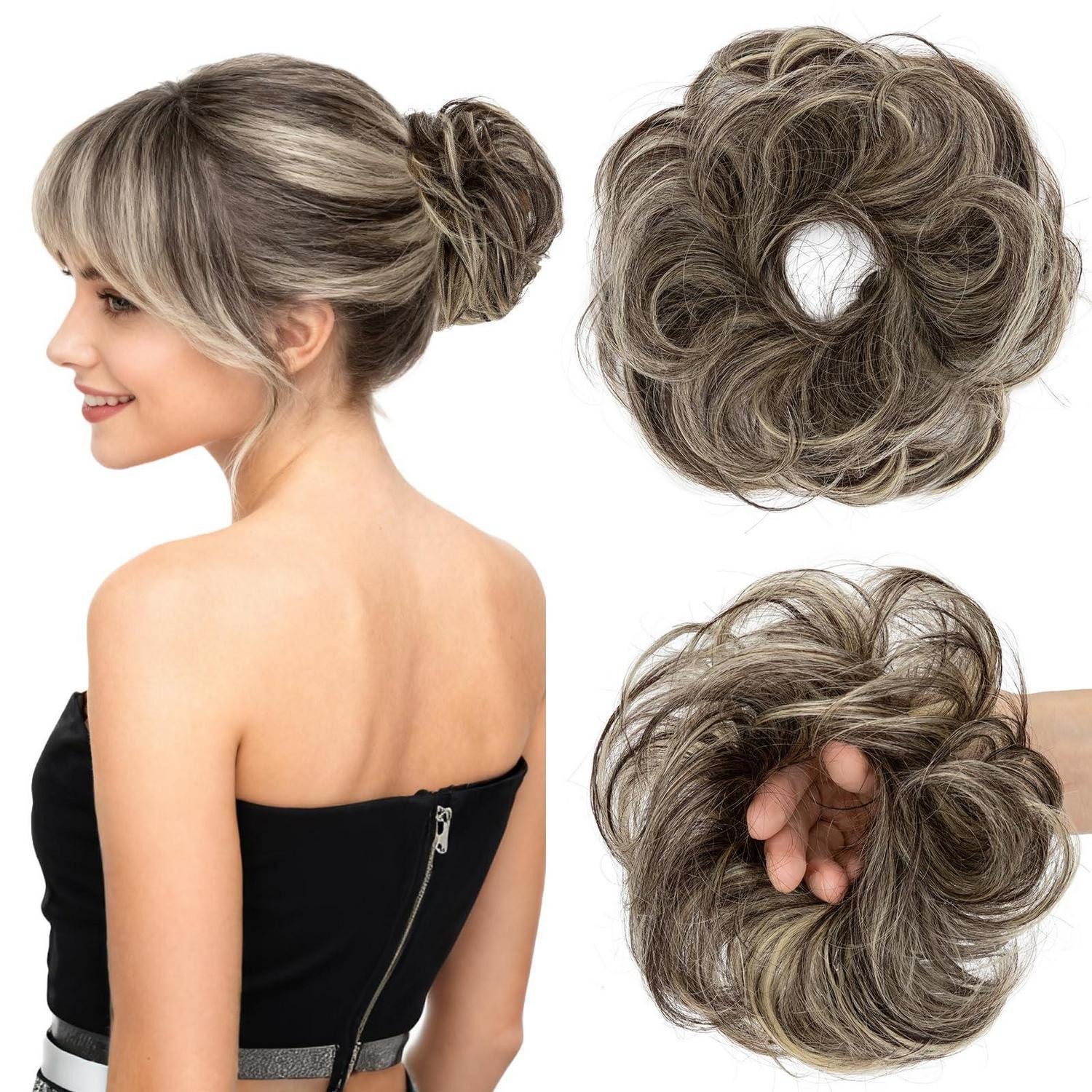 LuxusKollektion Echthaar-Extension Haarteil Dutt Gummiband Locken-23g 1BP613 Natürliches Schwarz Blond