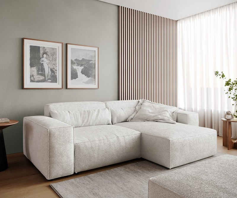 DELIFE Big-Sofa Sirpio, L Bouclé Creme-Weiß 260x160 cm Recamiere variabel mit Hocker