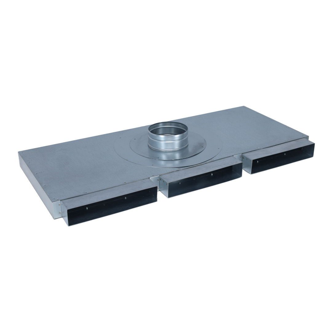 Subtiel Lüftungsschacht Flachkanal Verteiler 250 x 50 mm, drei Eingänge, ein Ausgang Ø 125 mm, 90x35x10 cm