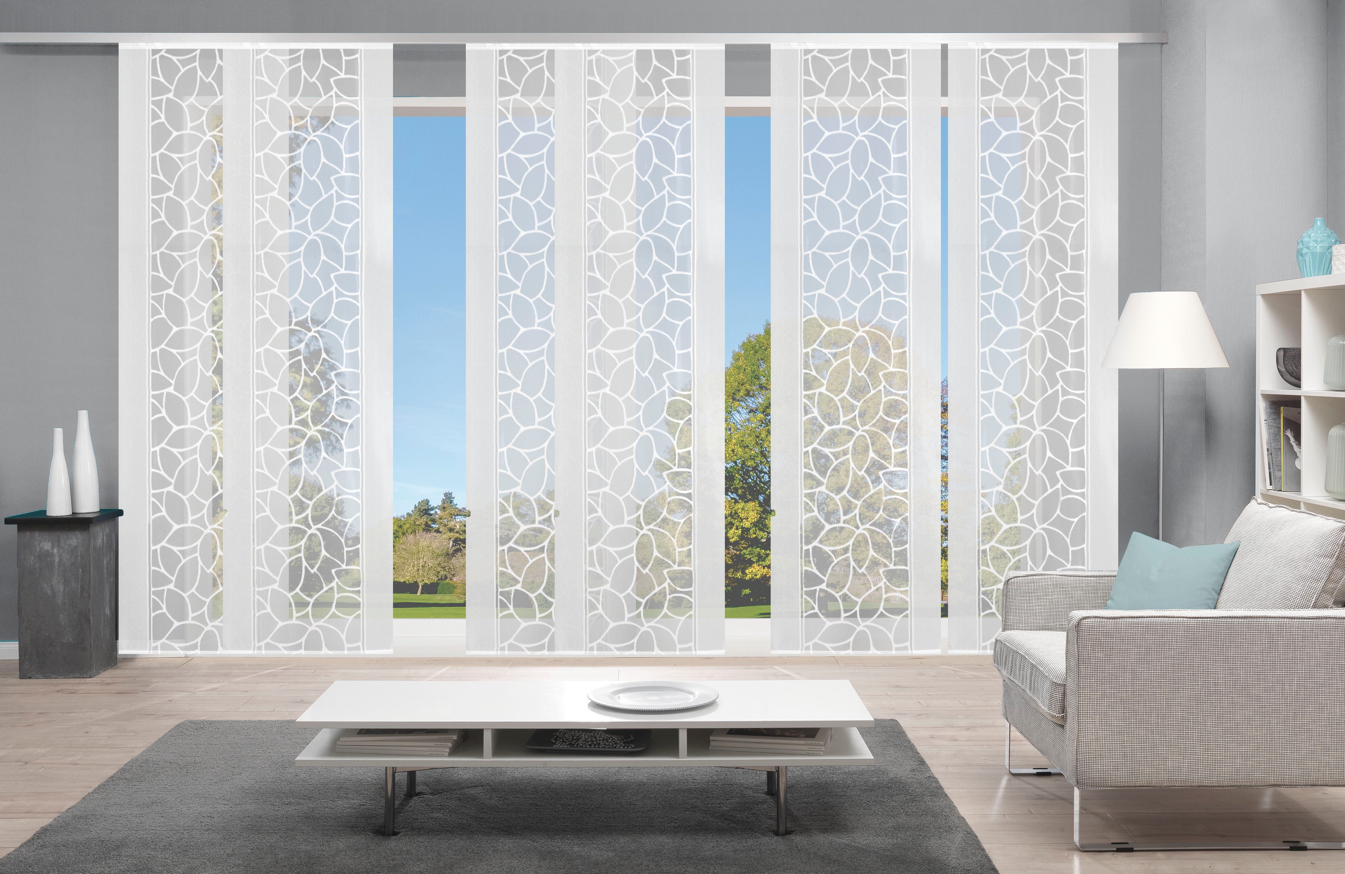 HOME WOHNIDEEN Schiebegardine JENNA (6 St), Klettschiene, halbtransparent, Schiebevorhang Jacquard Set