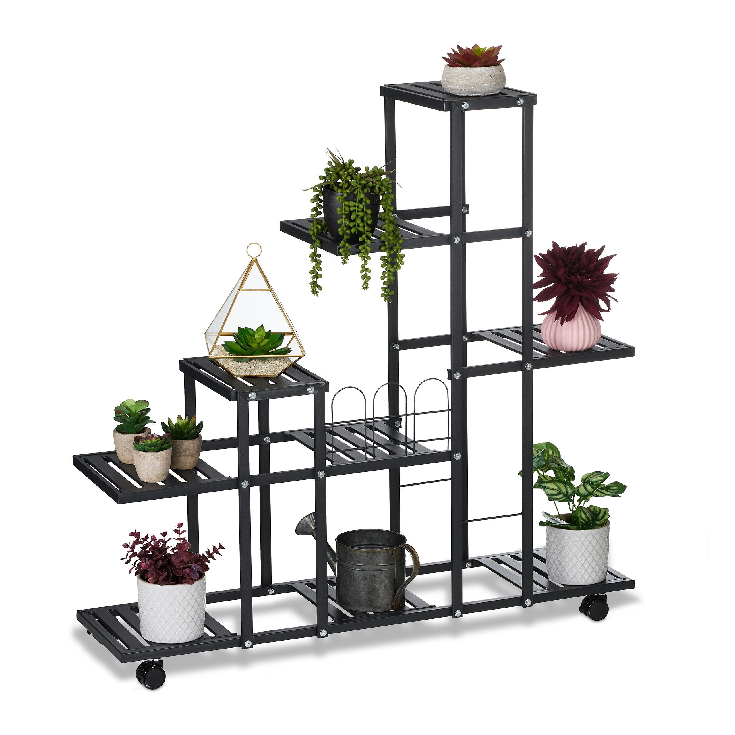relaxdays Pflanzentreppe Schwarzer Blumenständer mit Rollen günstig online kaufen