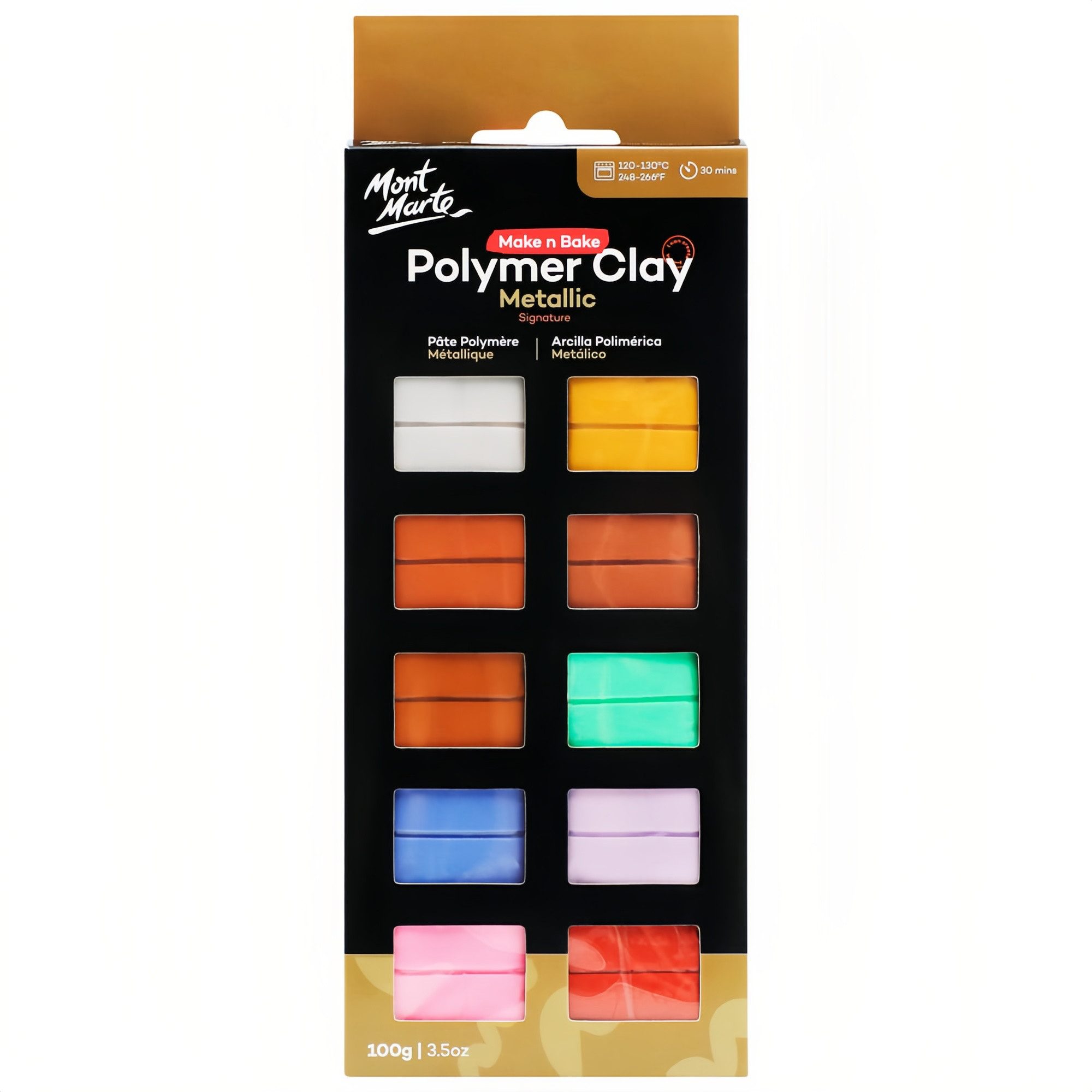 Mont Marte Modelliermasse Polymer Clay–10 Metallic Farben 100g–Weiche Modelliermasse,Ofenhärtend (10-tlg), gleichmäßige Struktur, leicht zu formen,töpfern, modellieren & basteln