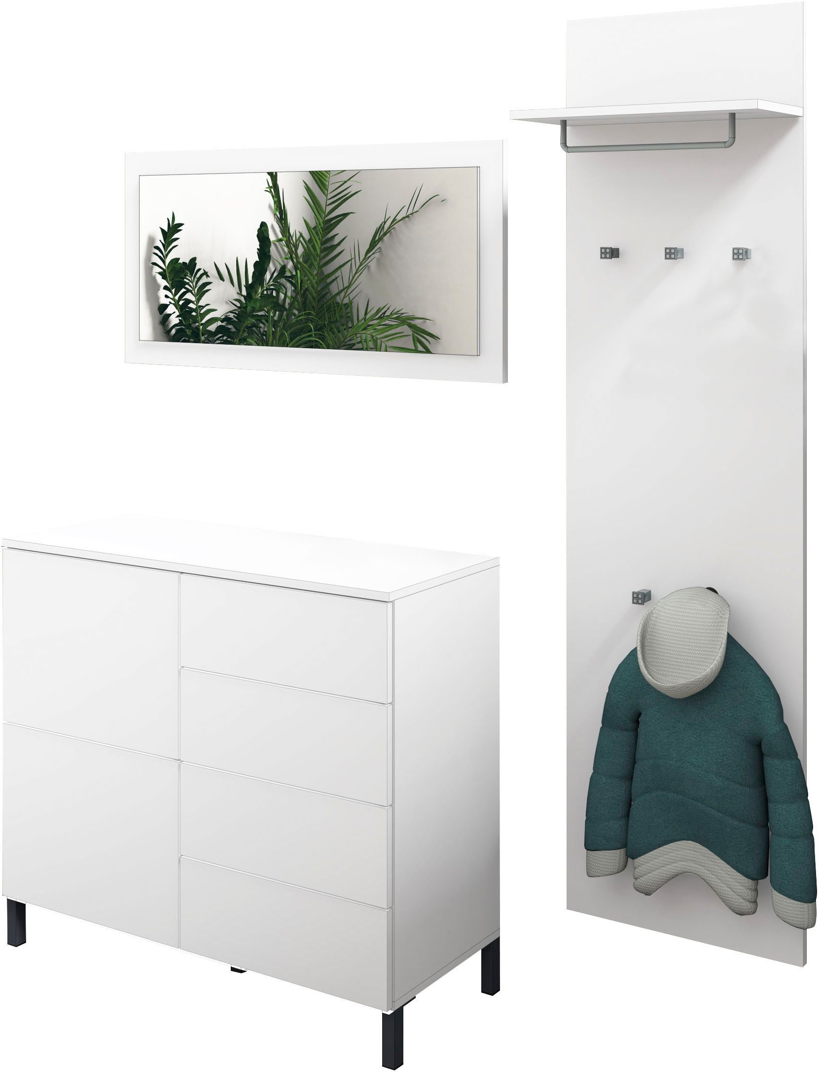 borchardt Möbel Garderoben-Set Haama 3-teilig mit Kommode, Wandpaneel und Spiegel, (3-St), Push-to-open-Technik, Metallfüße, platzsparend