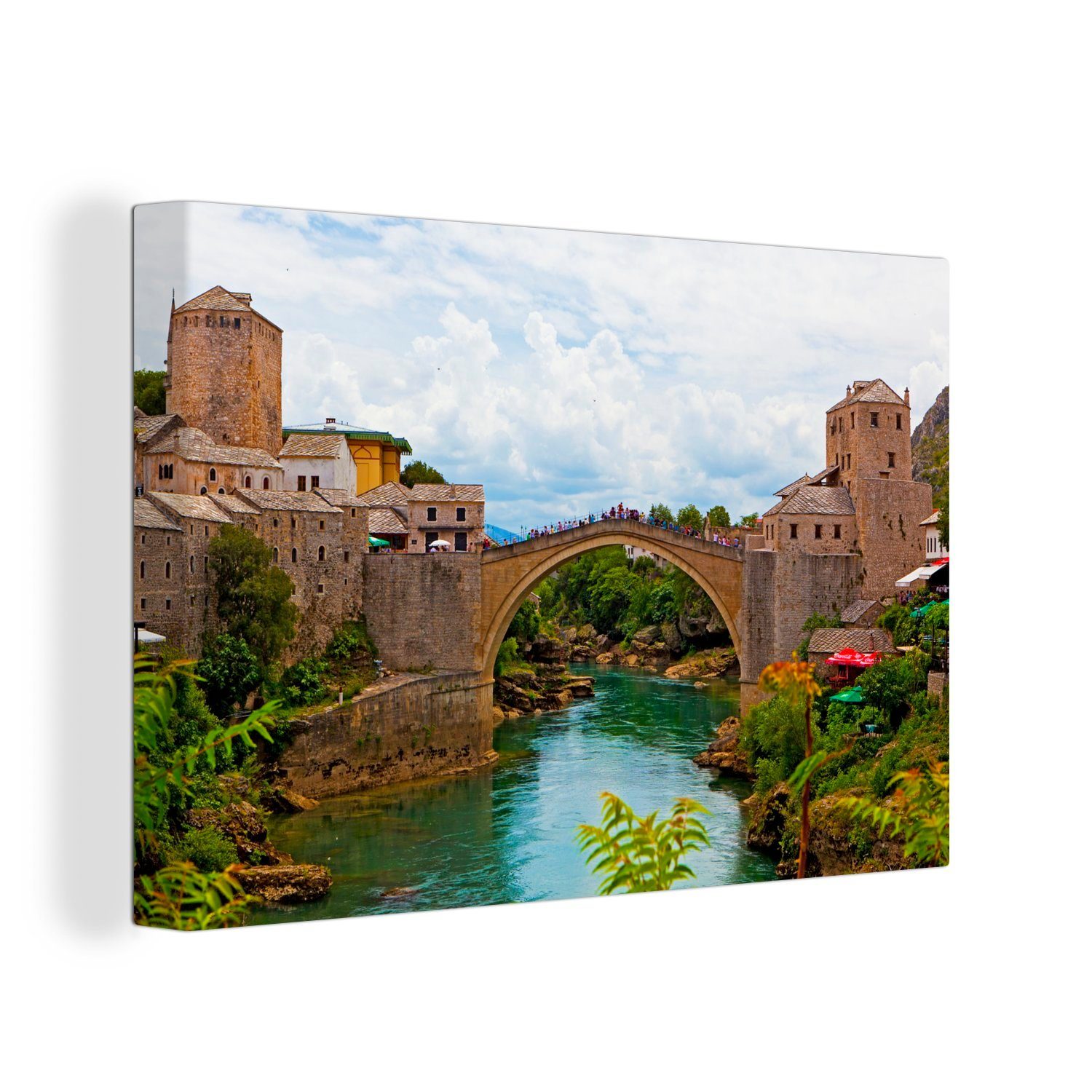 OneMillionCanvasses® Leinwandbild Schönes farbenfrohes Bild der Stari-Most-Brücke und ihrer Umgebung, (1 St), Wandbild Leinwandbilder, Aufhängefertig, Wanddeko, 30x20 cm