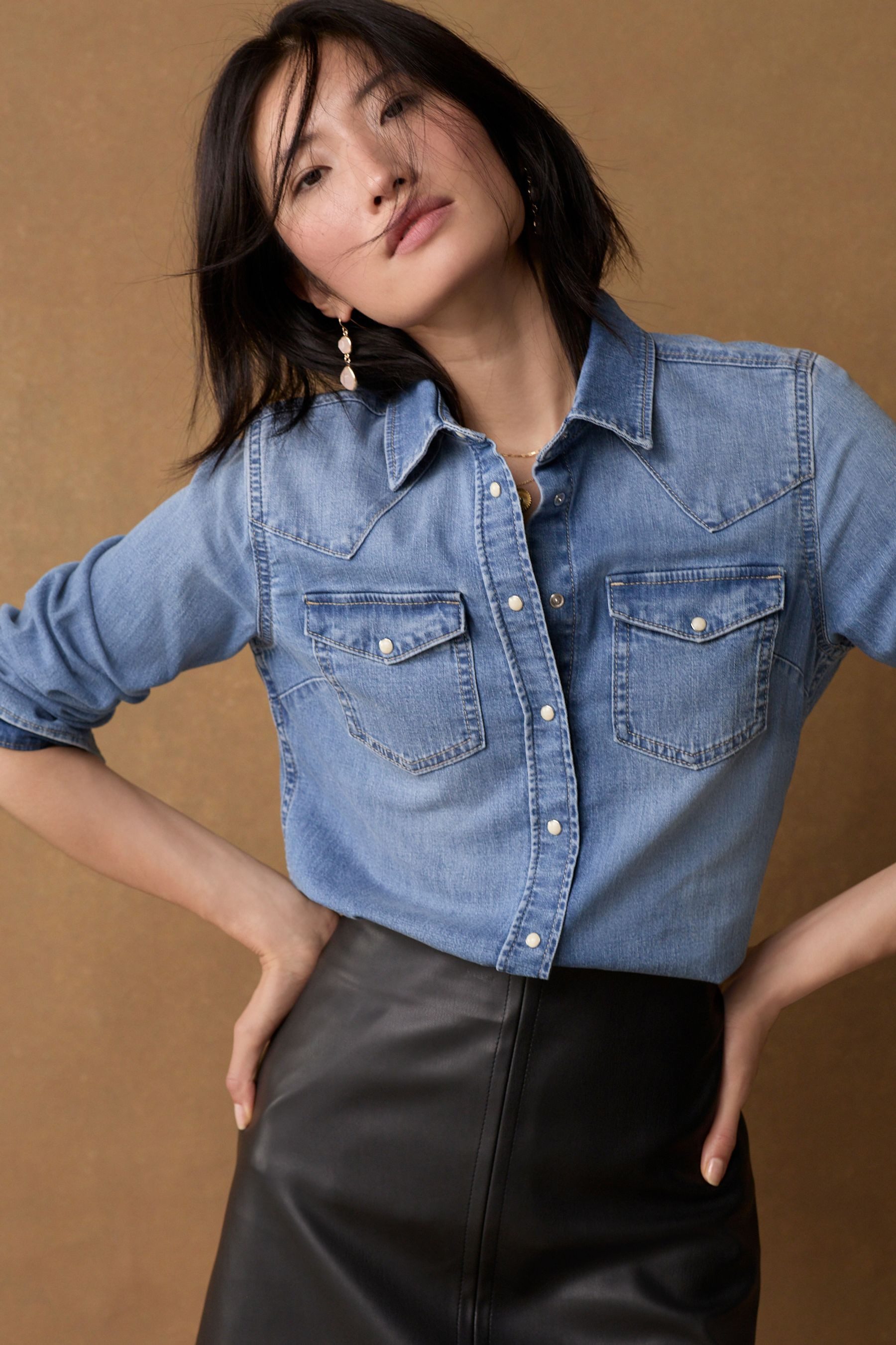 Next Jeanshemd Enge Jeansbluse im Westernstil 100 % Baumwolle (1-tlg)
