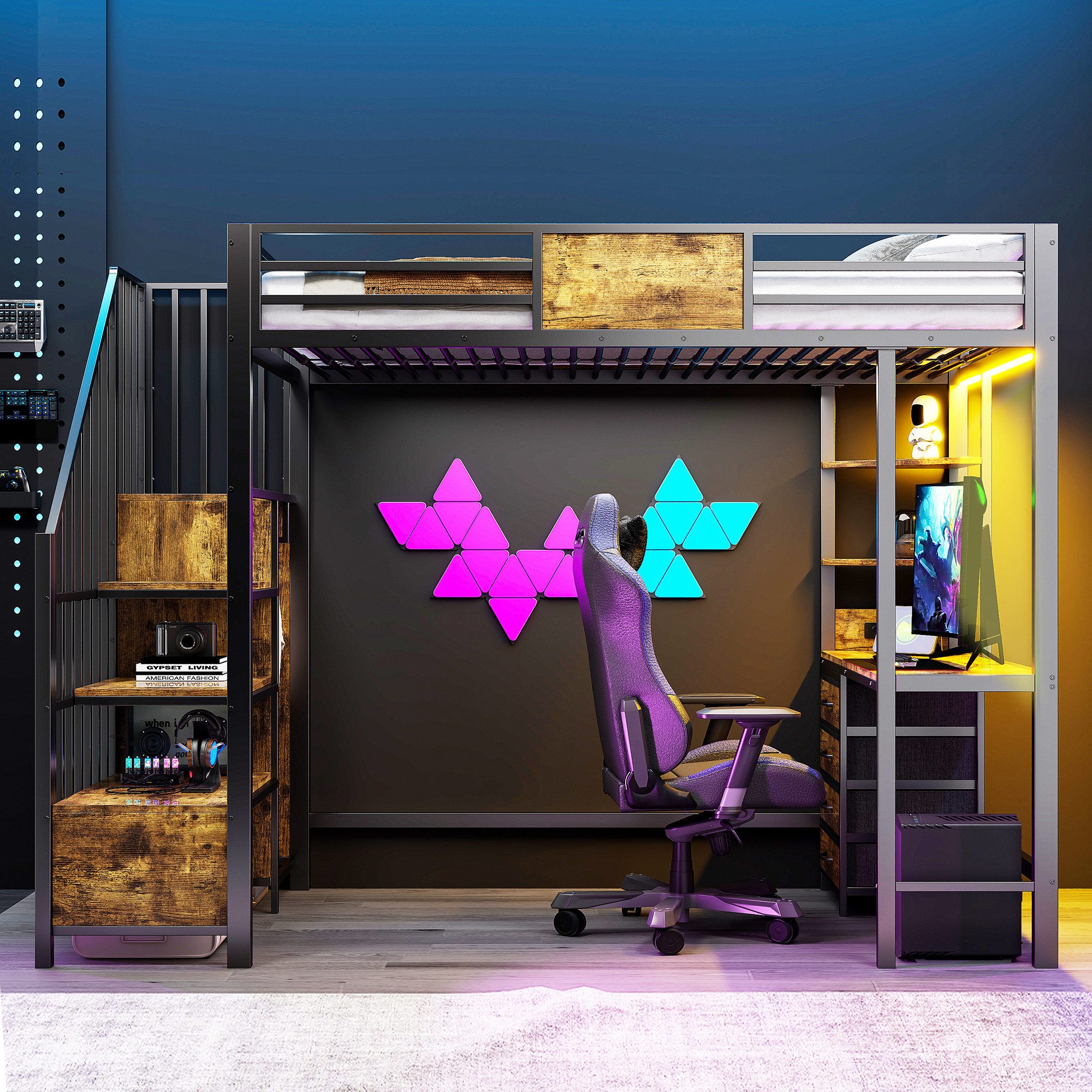 Merax Hochbett 90x200cm mit LED-Beleuchtung und Steckdose (Etagenbett Jugen günstig online kaufen