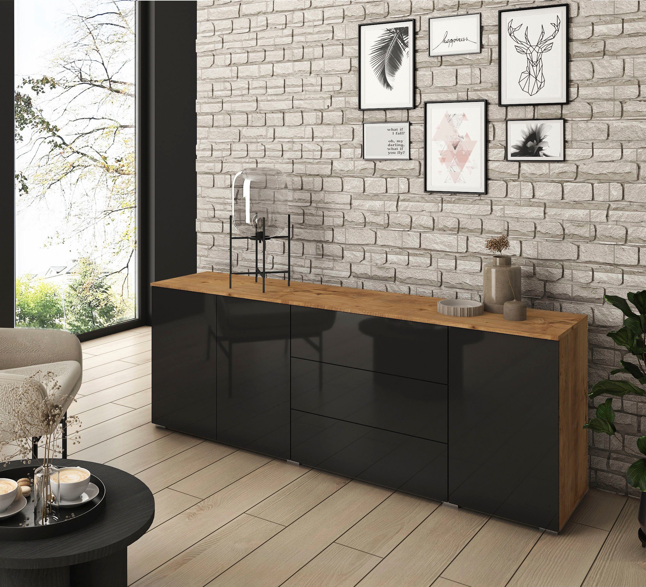 INOSIGN Sideboard Paris, Breite 190 cm kastanienfarben/schwarz Hochglanz | kastanien Breslau