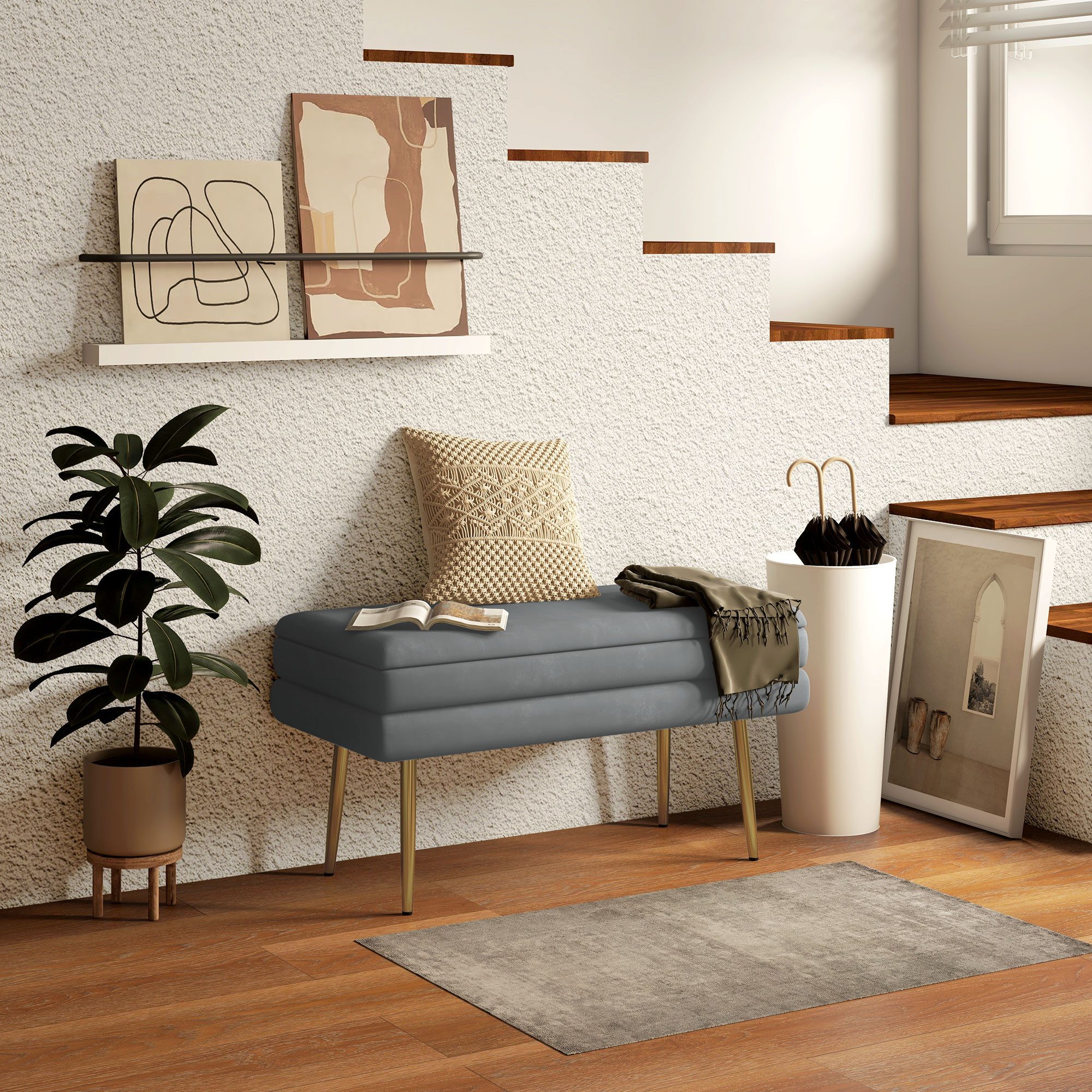 HOMCOM Sitzbank Polsterbank mit Stauraum, Samtoptik, Bettbank mit Stahlbeine (Aufbewahrungsbank, 1-St., Schuhbank), für Wohnzimmer, Schlafzimmer, Grau, 79,5 x 37,5 x 43 cm