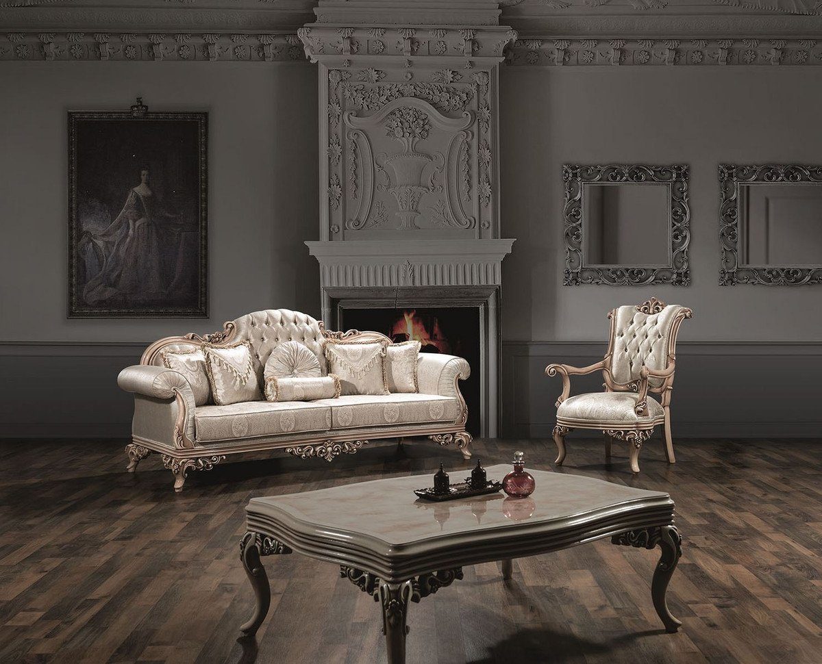 Casa Padrino Sofa Luxus Barock - Sofa Beige 110 230 90 x Kissen Glitzersteinen Silber / mit Wohnzimmer Creme x Sofa cm und / H. dekorativen Prunkvolles