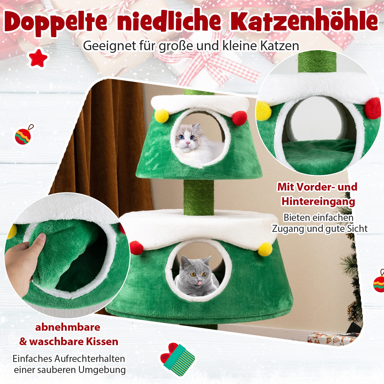 COSTWAY Kratzbaum, mit 2 Katzenhöhlen & Spielzeug, 153cm hoch